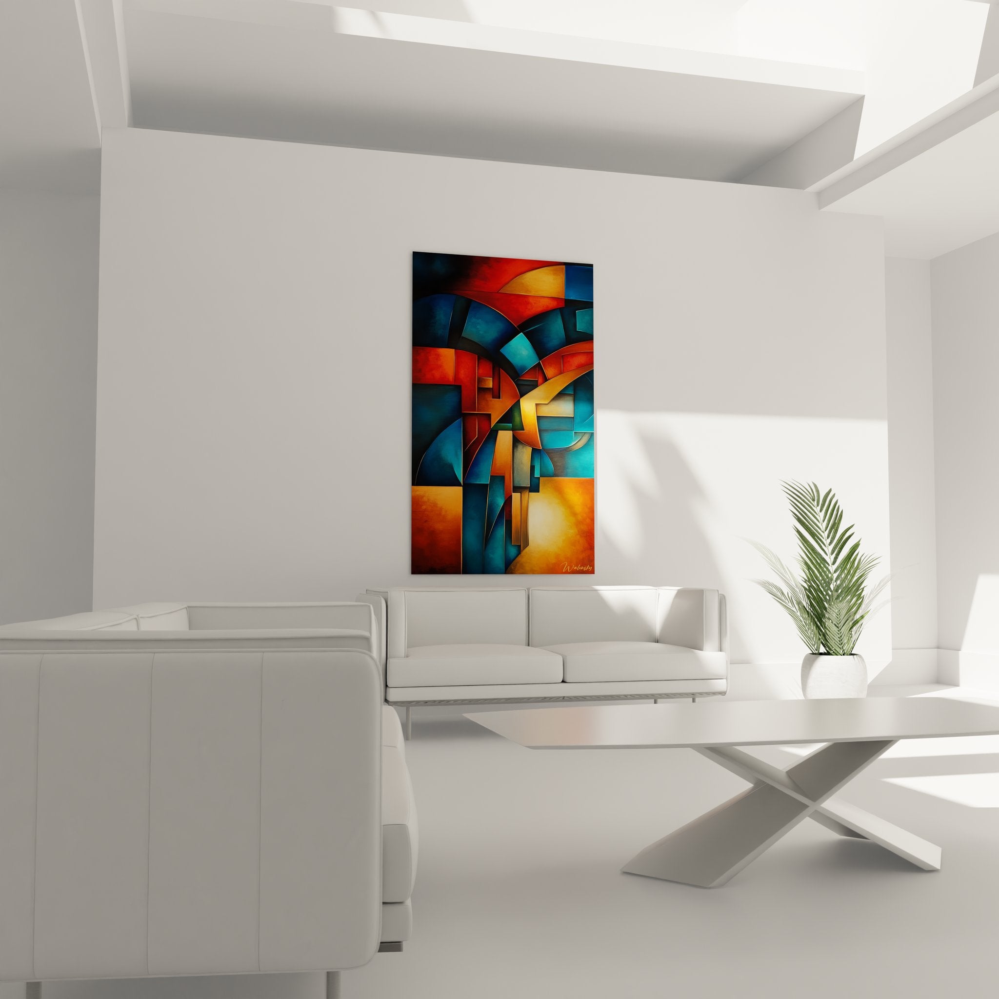 Détail gros plan tableau abstrait géométrique montrant textures et superpositions colorées orange bleu