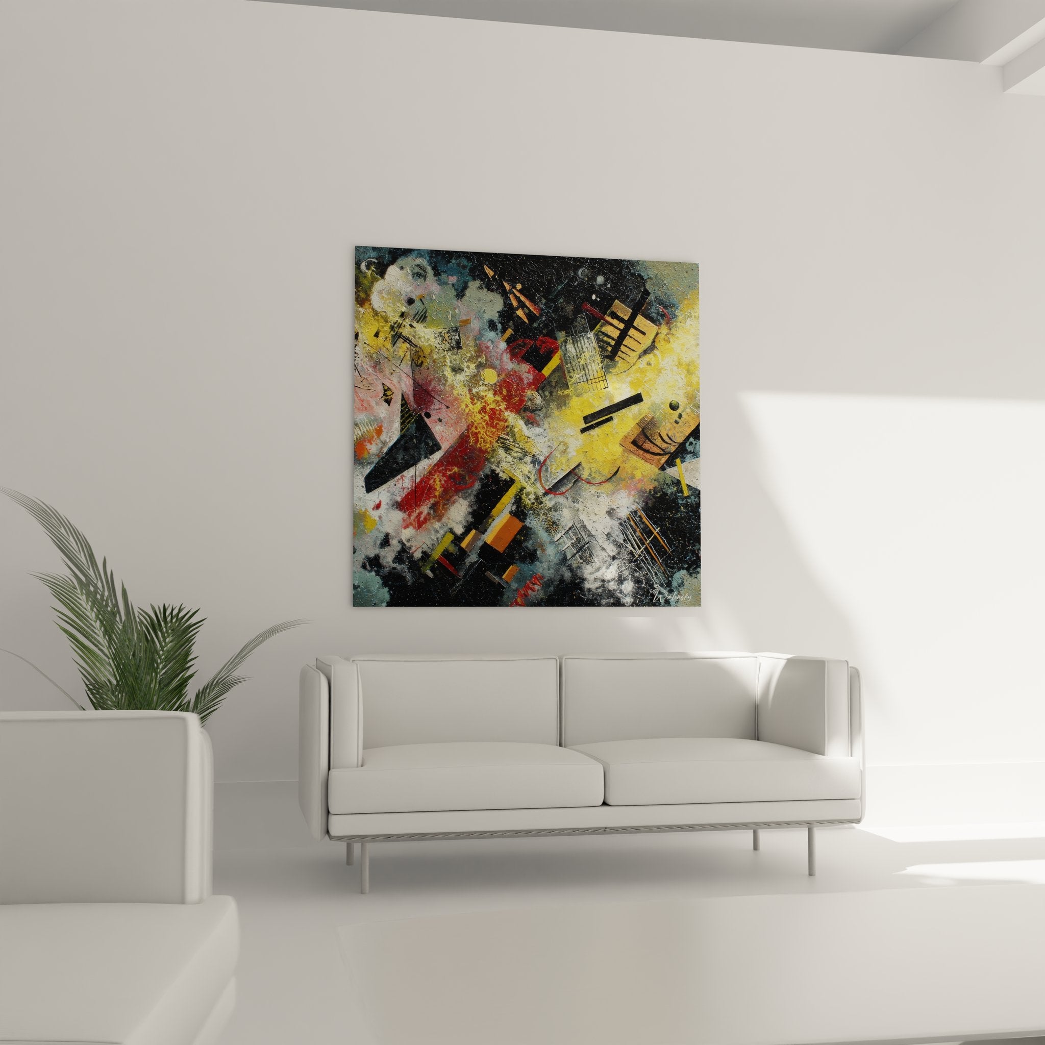 Détail gros plan tableau géométrique abstrait textures couleurs vives formes triangulaires dynamiques