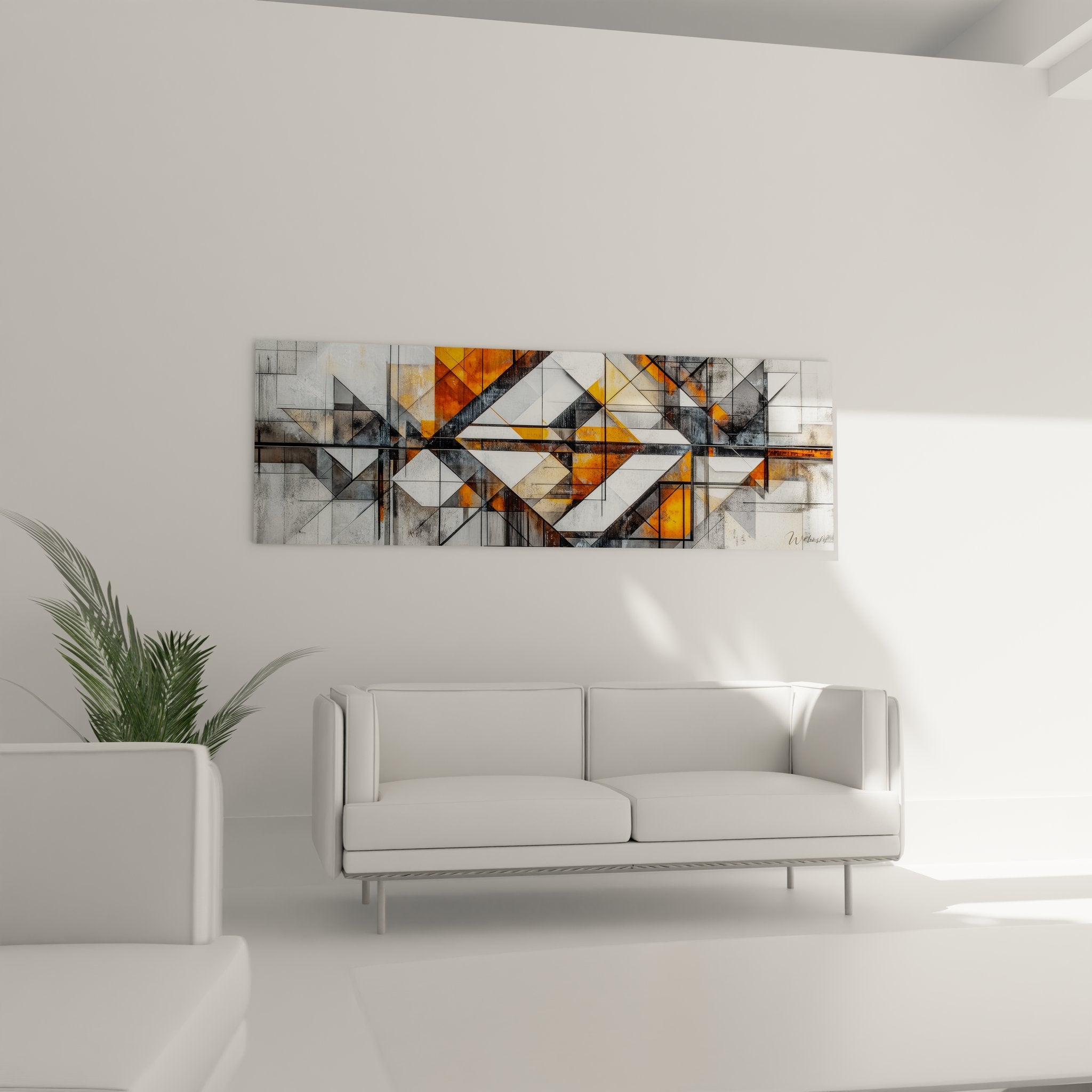 Détail tableau abstrait géométrique montrant textures et superposition formes orange gris