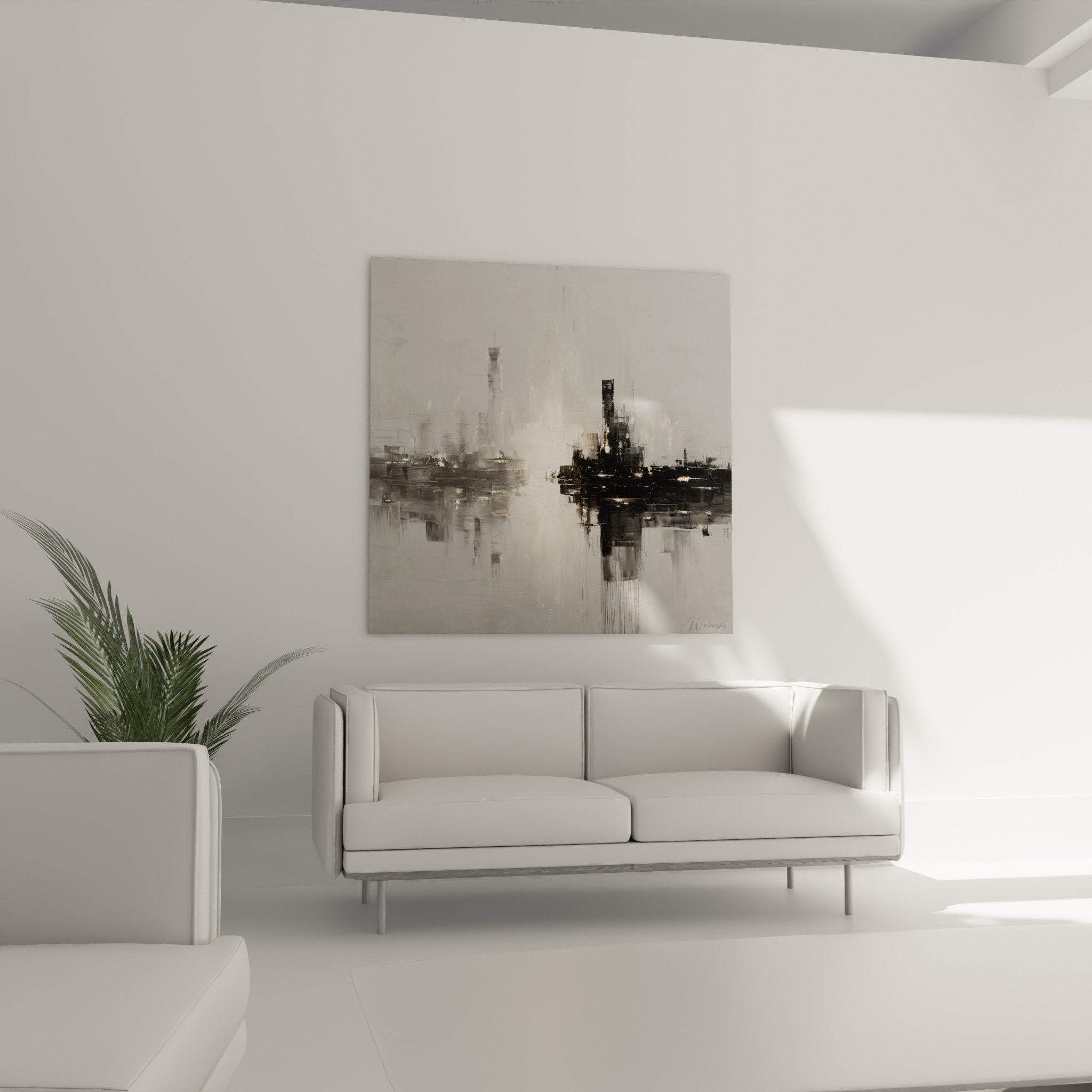 Detail abstraktes Gemälde grau weiß, Texturen und goldene Reflexe, künstlerische Feng-Shui-Technik Westen Metall