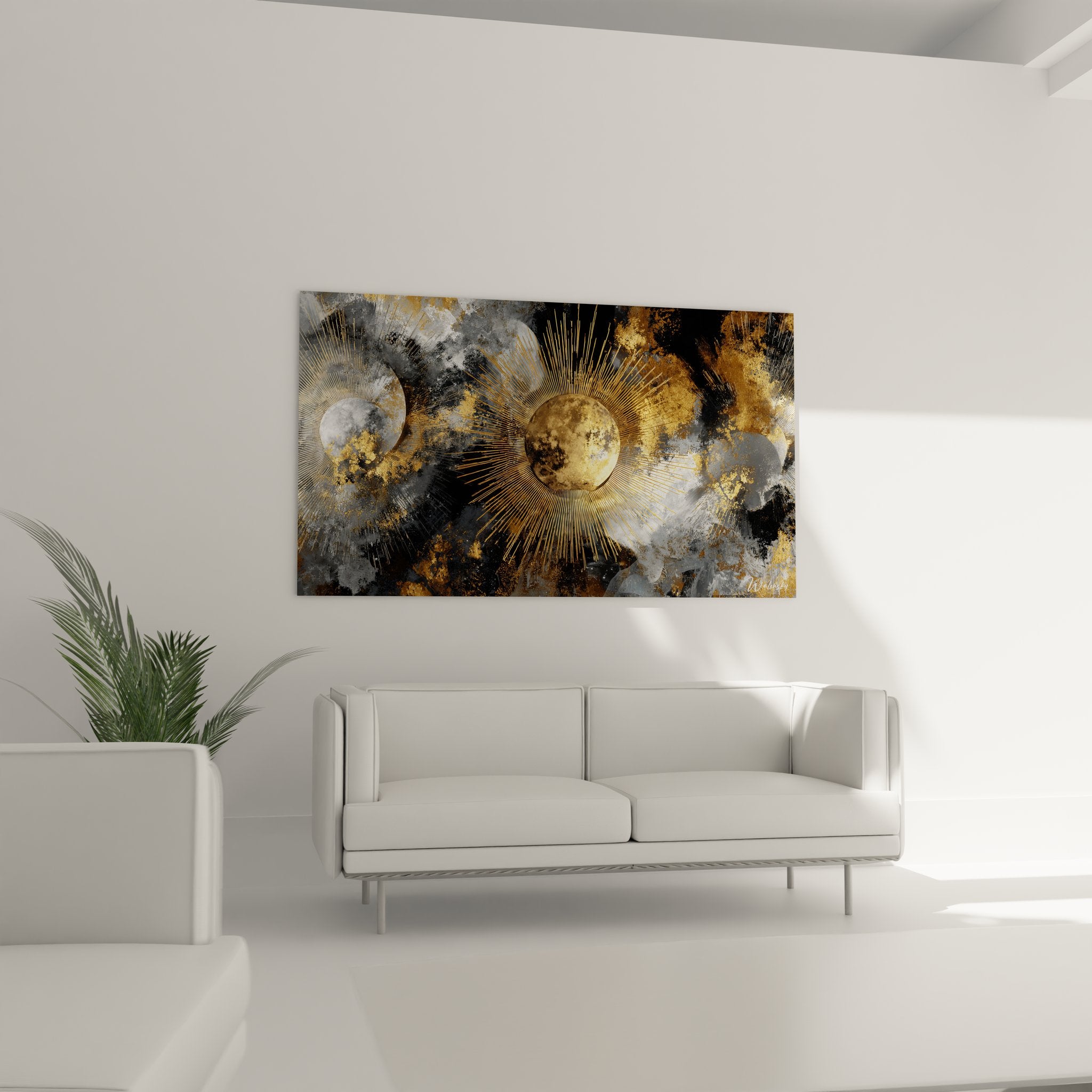 Détail gros plan tableau abstrait lune dorée montrant textures et effets de matière dorés