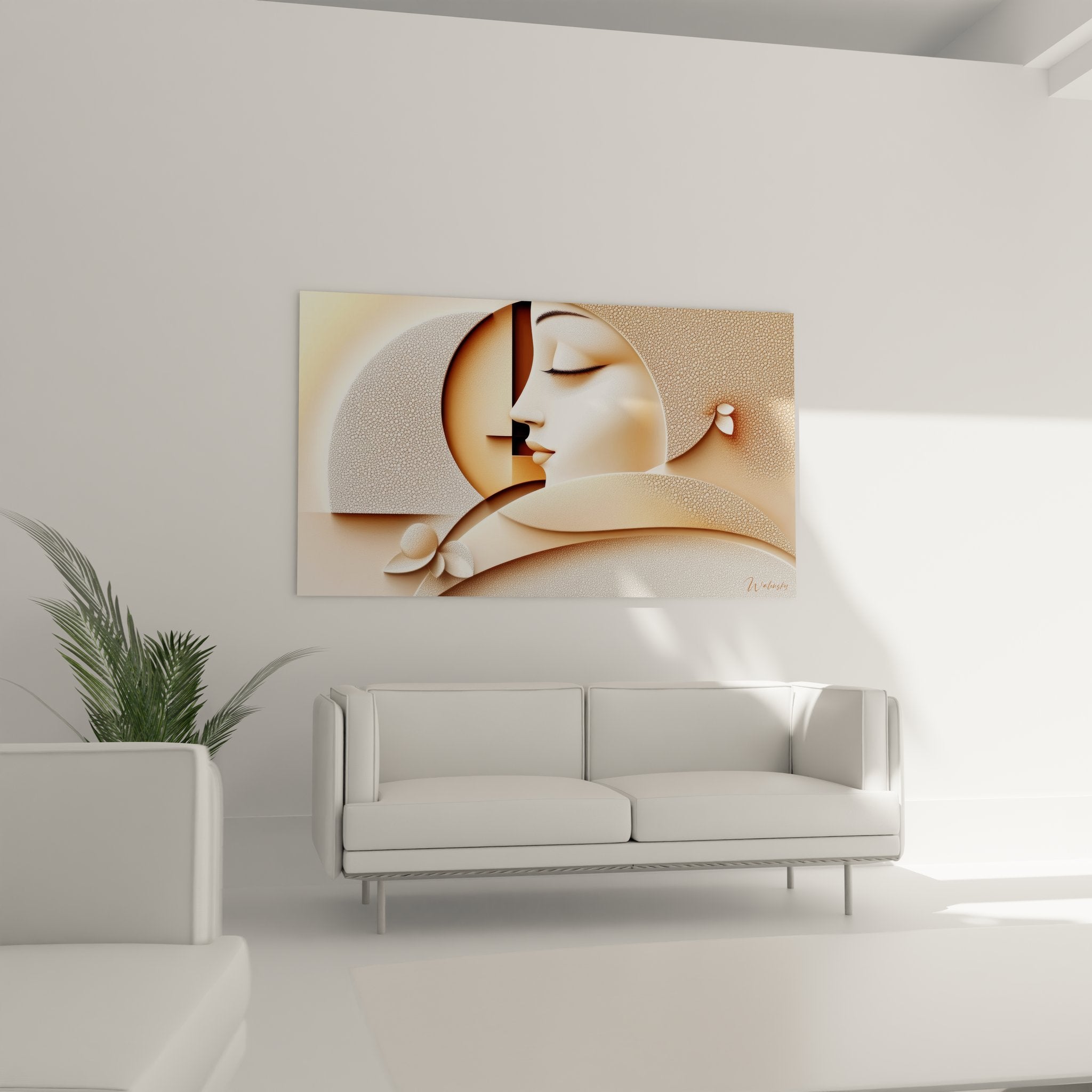 Détail tableau abstrait méditation montrant textures dorées et visage zen stylisé