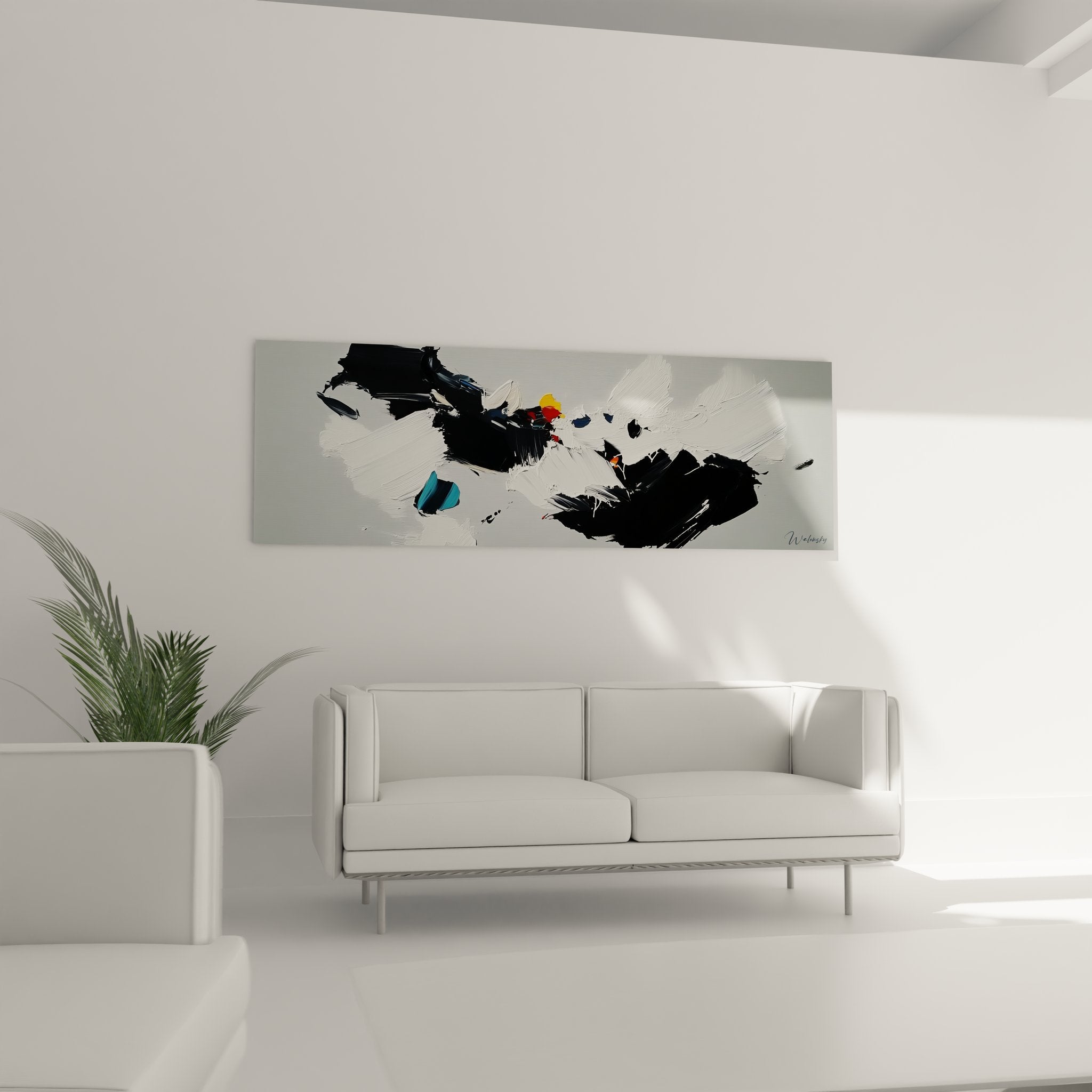 Gros plan détail tableau abstrait minimaliste, texture peinture moderne noir blanc