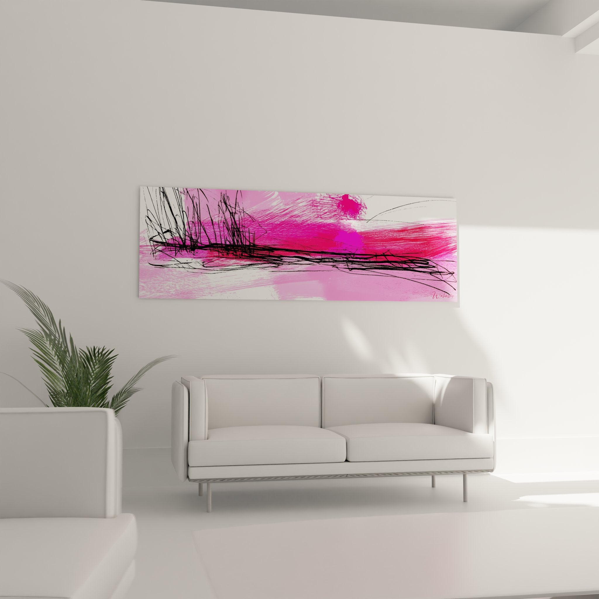 Gros plan sur les détails du tableau abstrait rose, traits noirs expressifs et effets de matière picturale visible