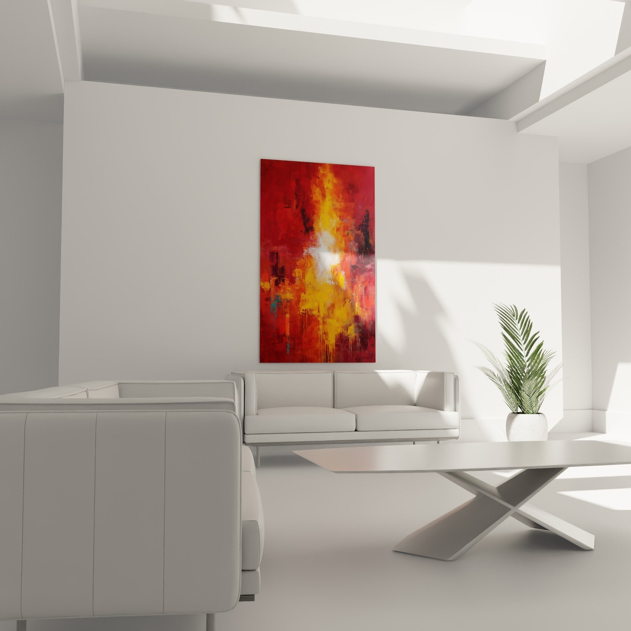 Detail tableau abstrait coulures blanches rouge dore texture peinture feng shui sud feu