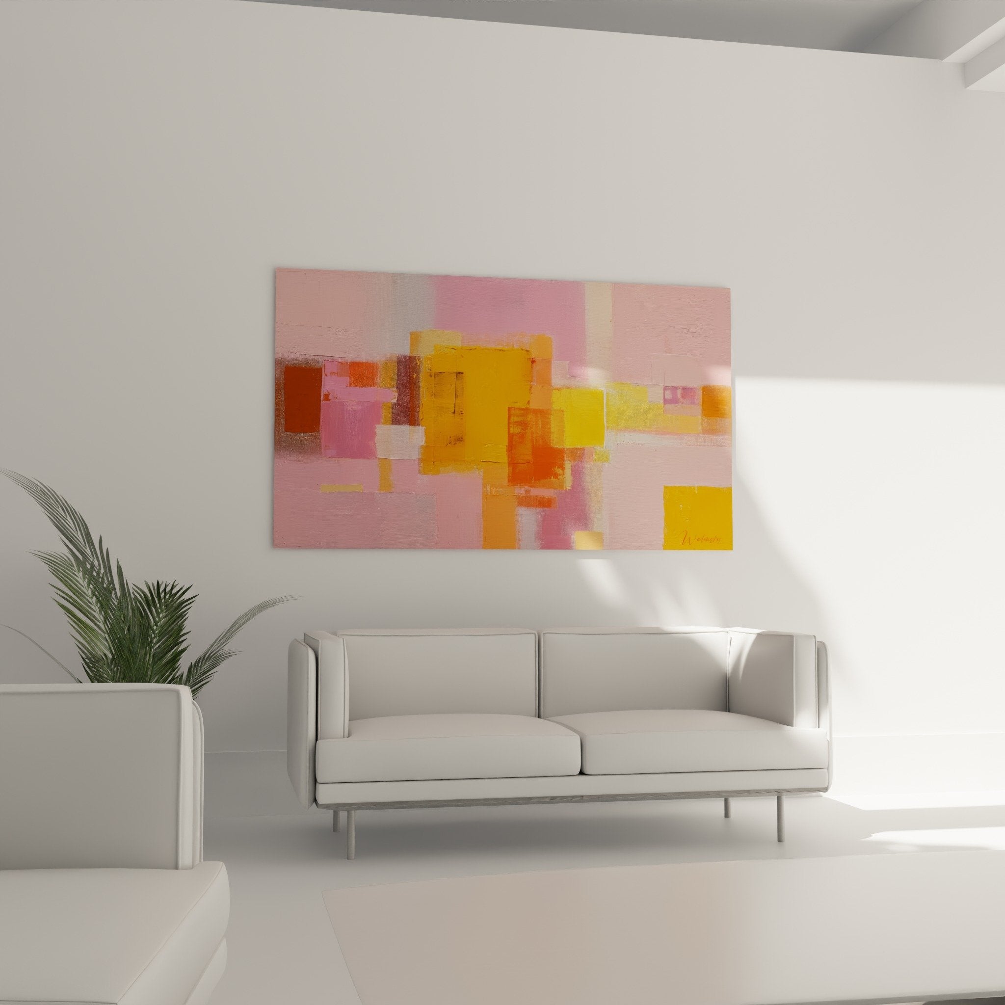 Abstract geometric wall art detail with golden signature colorful pink orange shapes feng shui southwest
