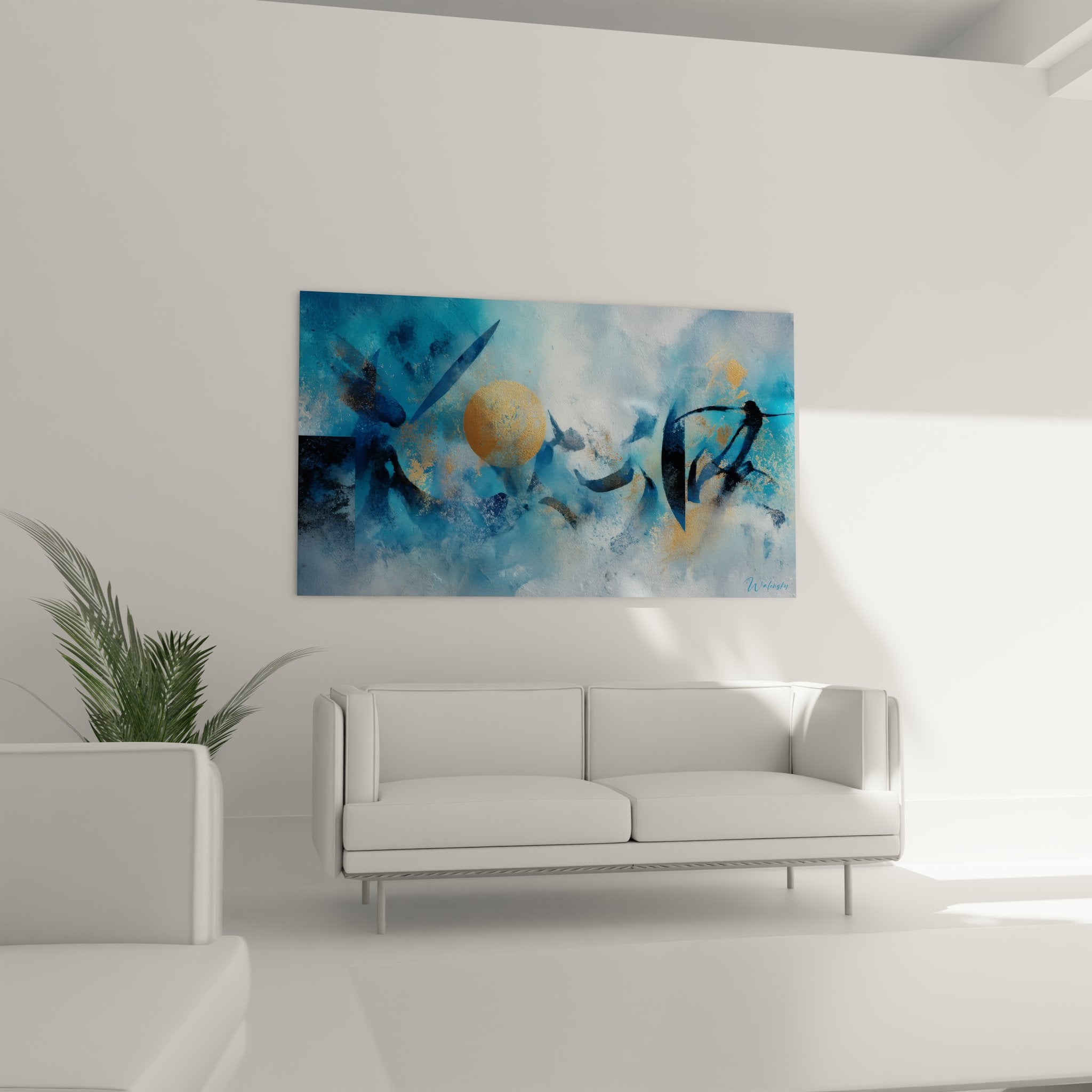 Détail gros plan tableau abstrait, texture peinture cercle doré et formes géométriques bleues