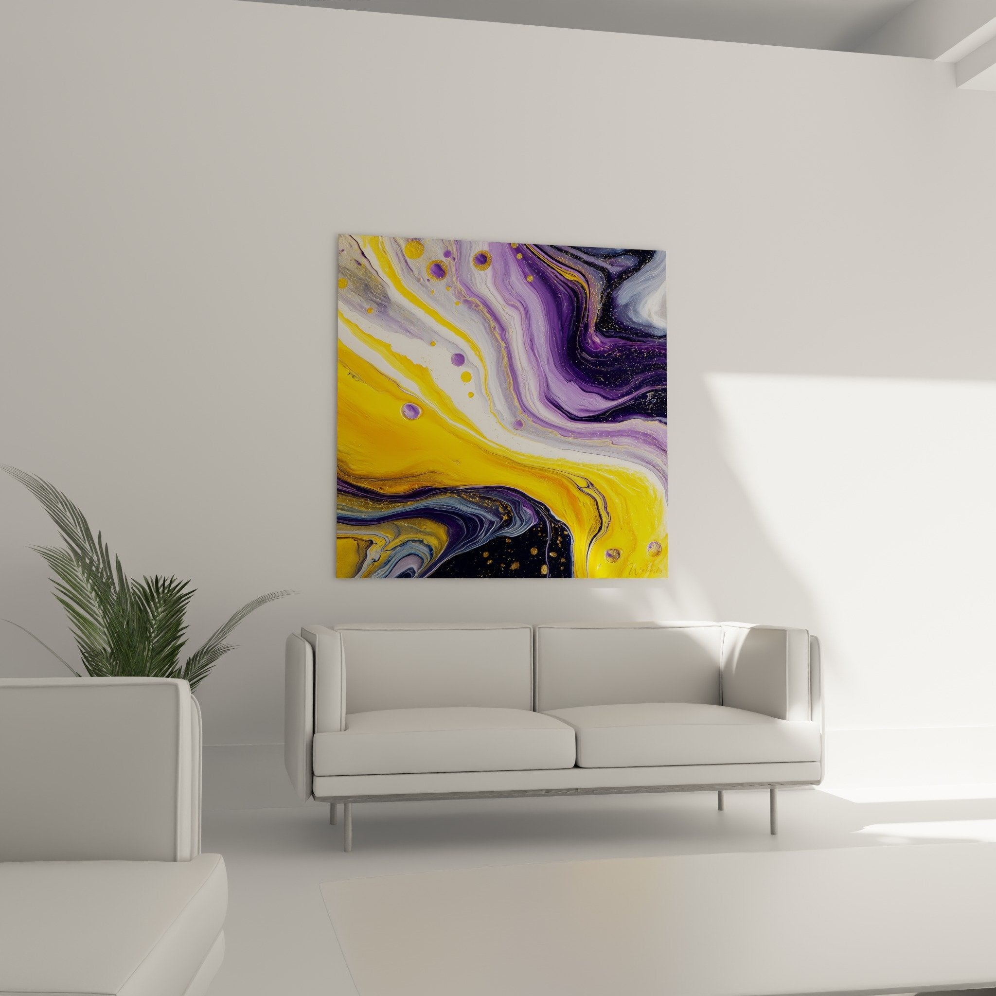 Abstract painting detail fluid golden purple textured glitter reflections feng shui southeast wood