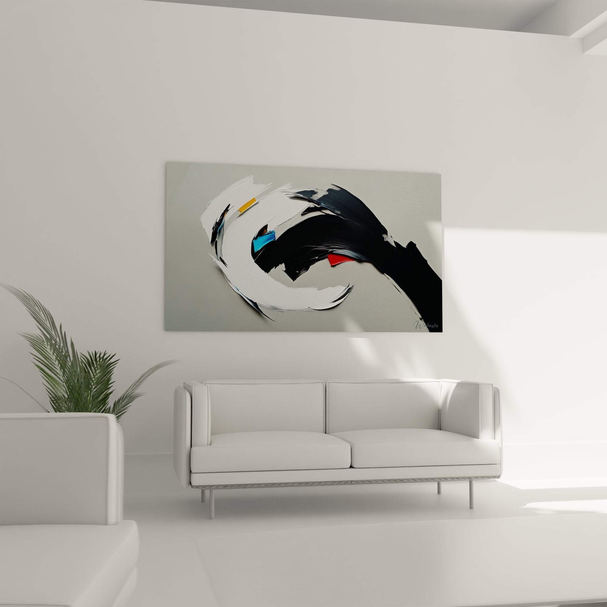 Détail gros plan tableau abstrait montrant texture empâtée et coups pinceau expressifs noir blanc