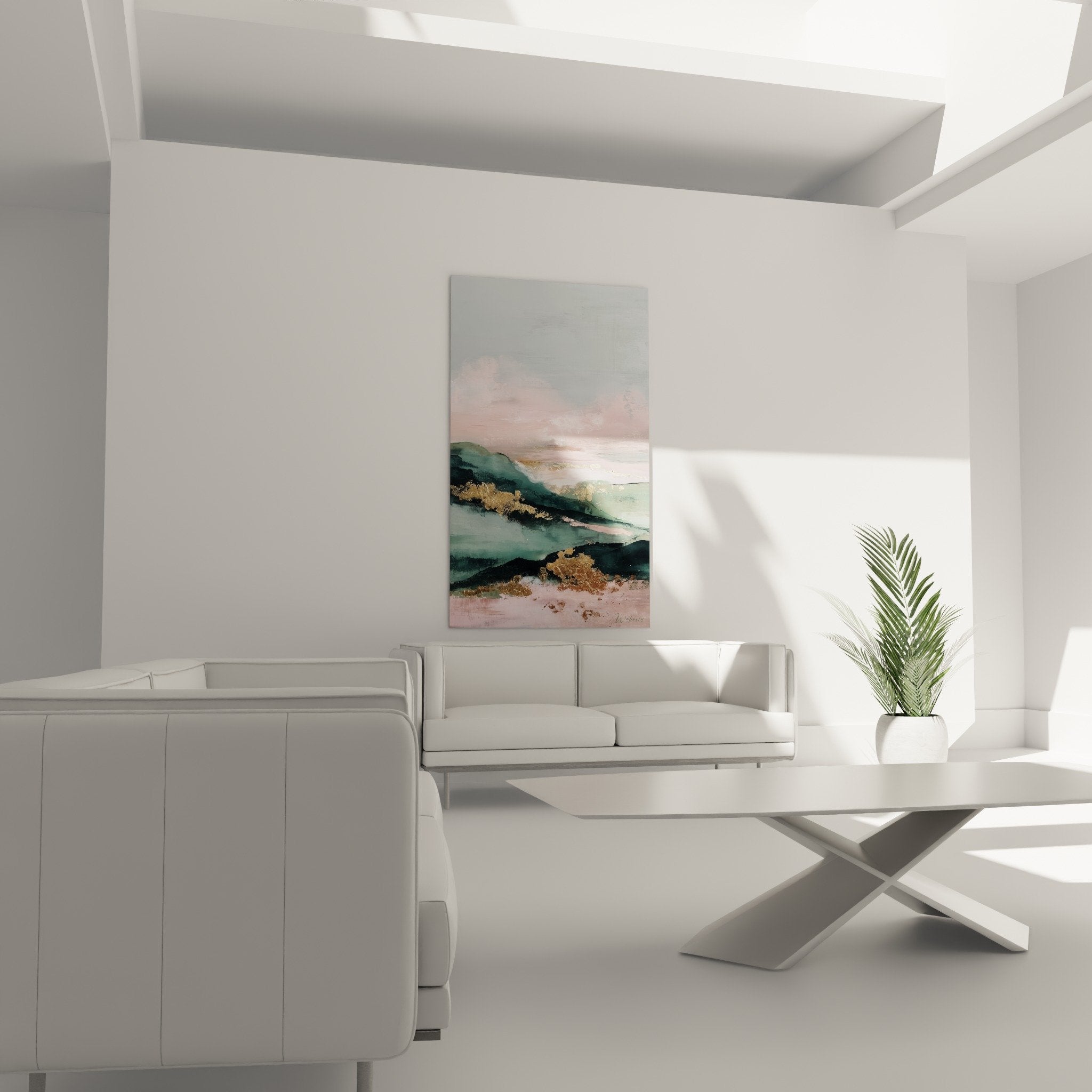 Détail tableau abstrait textures dorées nuances rose vert technique picturale feng shui sud-est bois