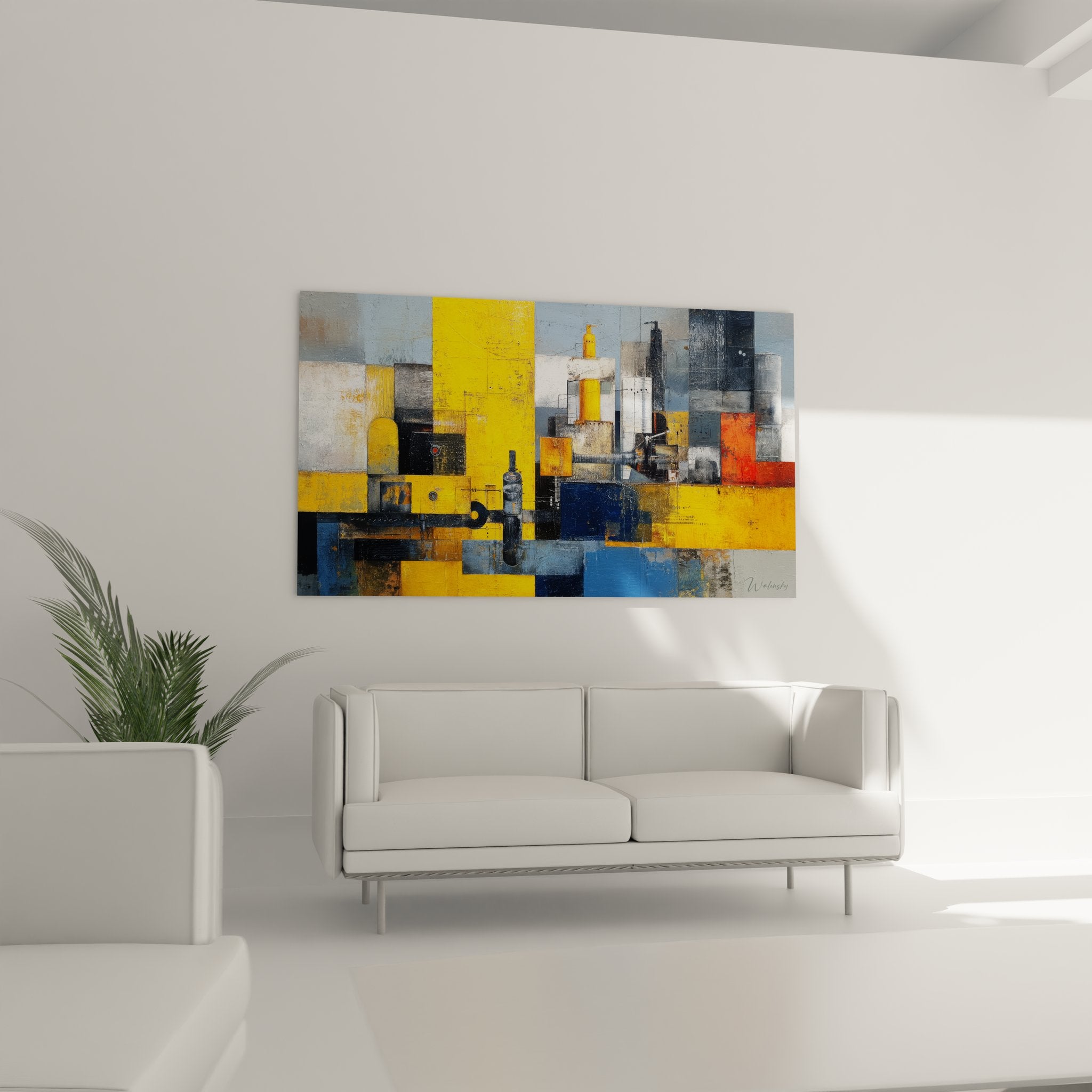 Détail gros plan tableau industriel montrant textures et superpositions géométriques