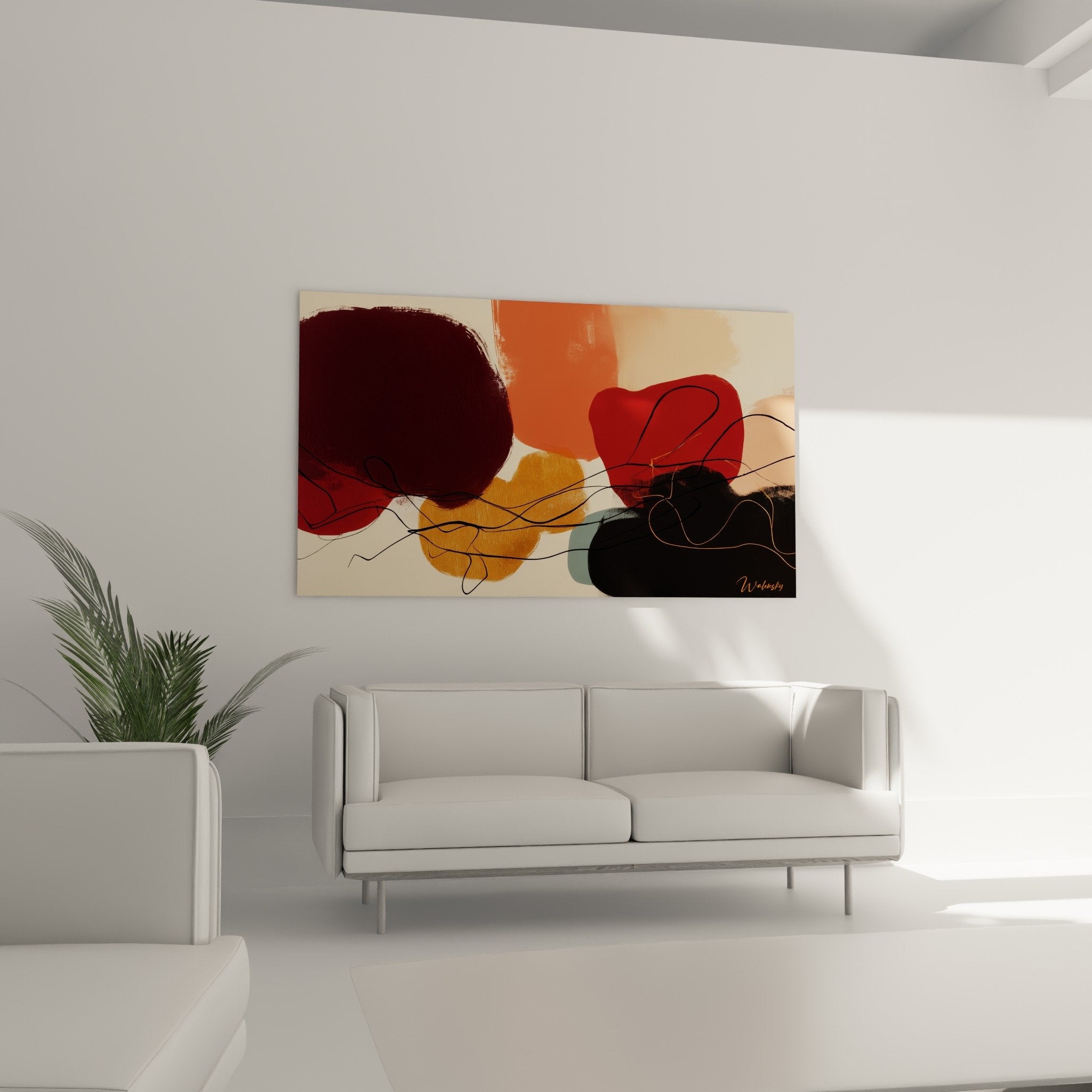Close-up detail of abstract painting with earthy tones burgundy ochre orange layered textures organic shapes