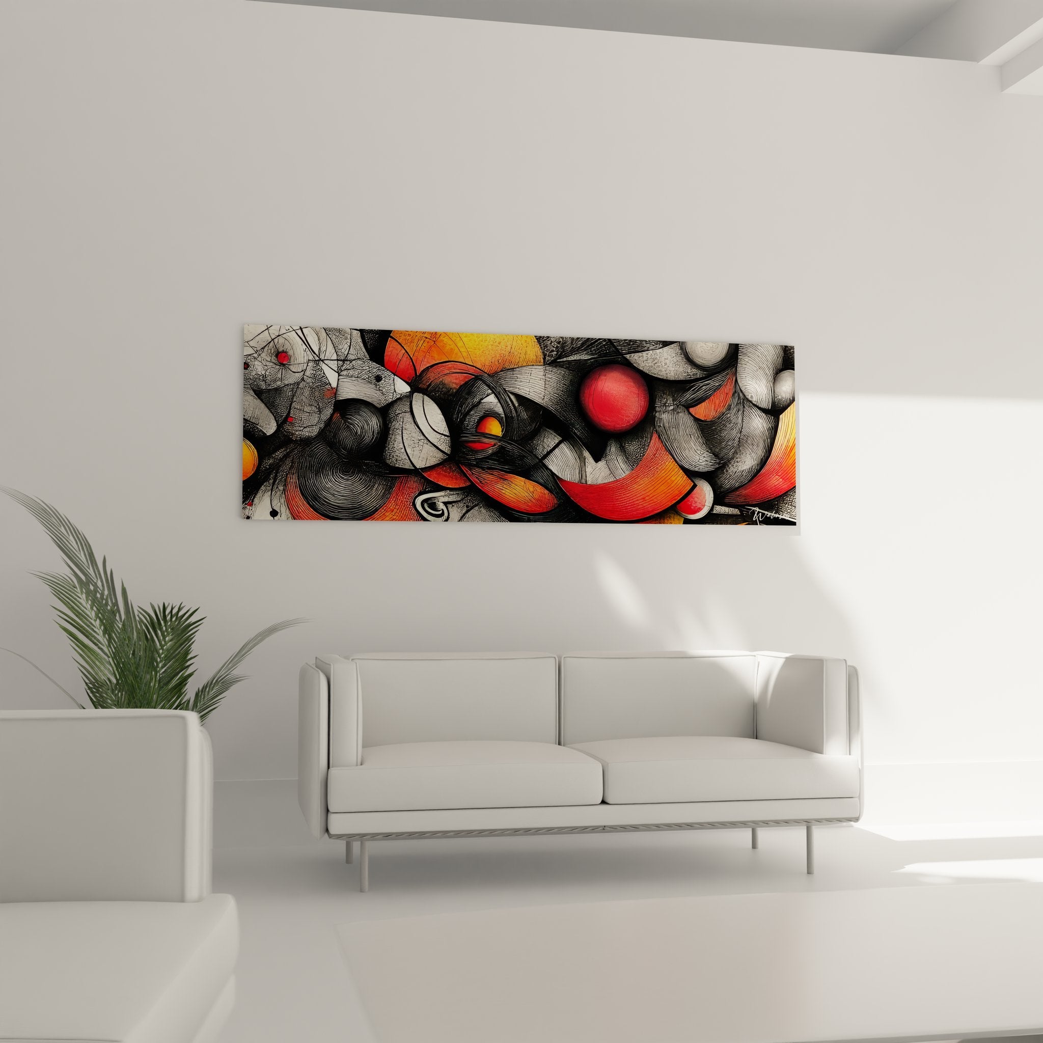 Détail gros plan tableau abstrait tourbillon, technique dessin hachures dégradés rouge orange cosmique