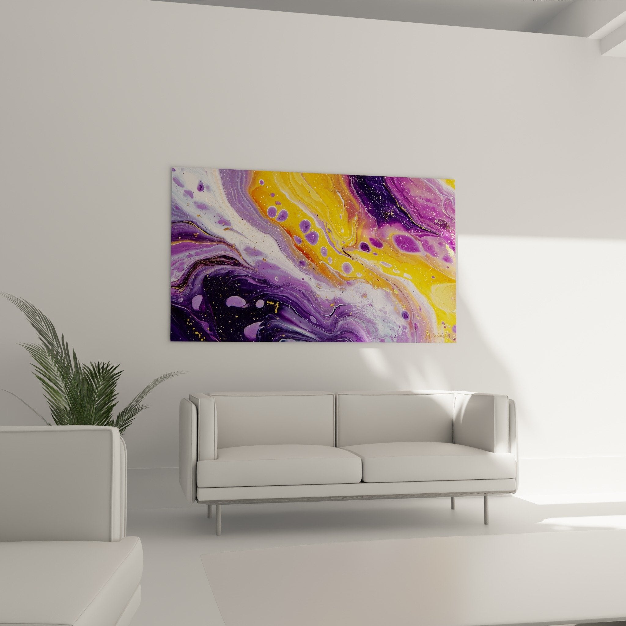 detail tableau abstrait texture fluide violet lavande or bulles cellules marbrure feng shui sud est