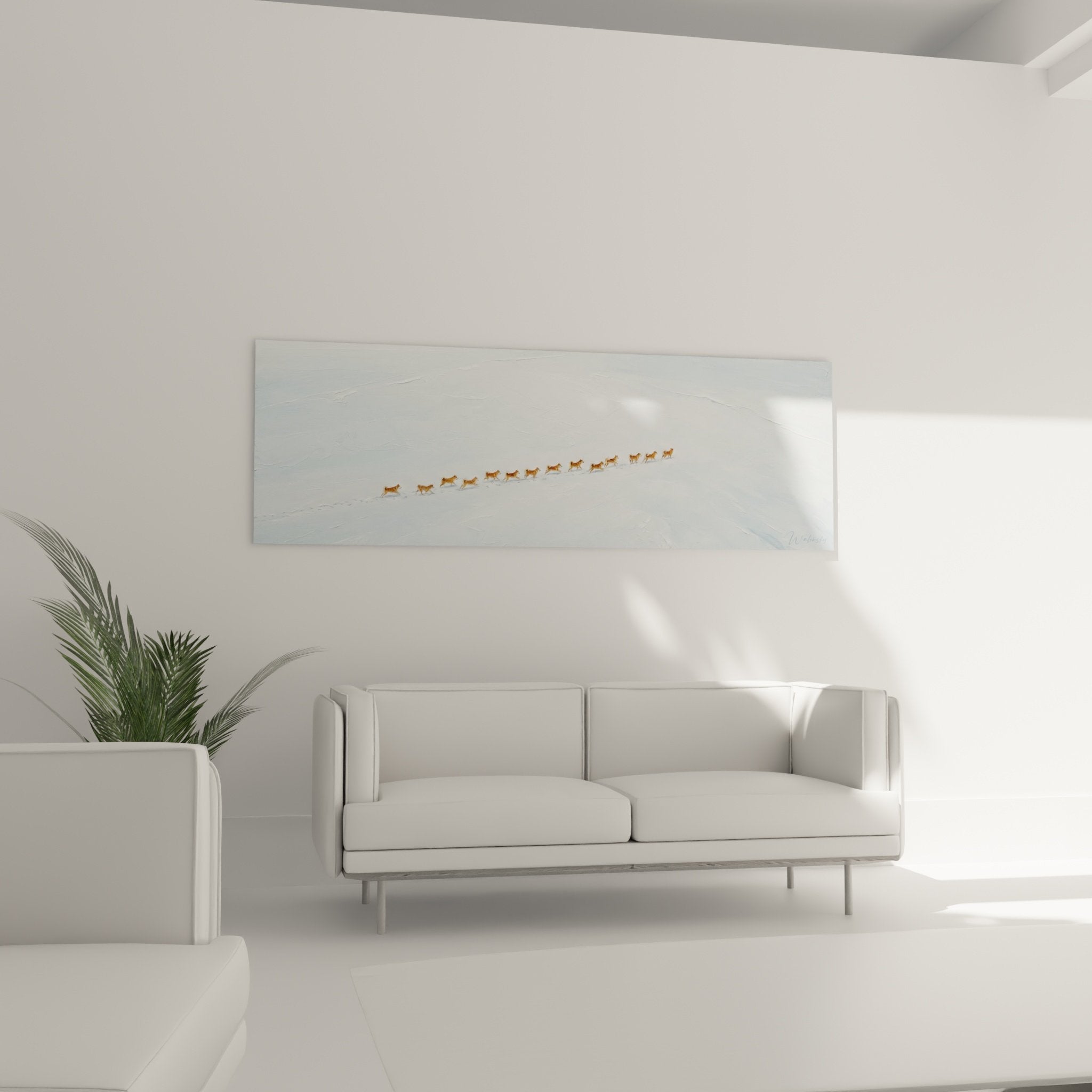 Detail rapproche du tableau Akita Inu montrant silhouettes ocre et rousses sur neige immaculee