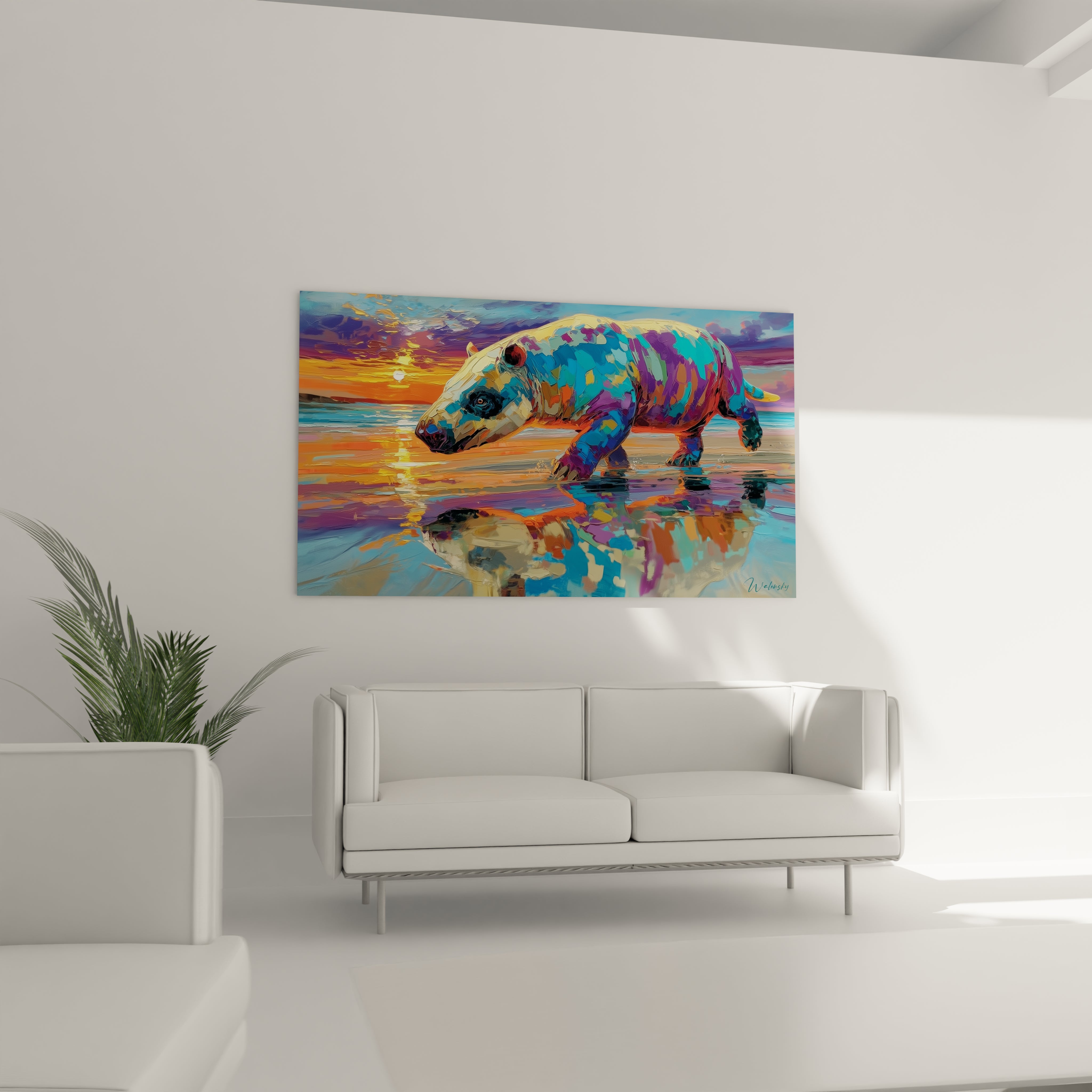 Gros plan détail tableau Andrewsarchus technique peinture fragmentée couleurs vives