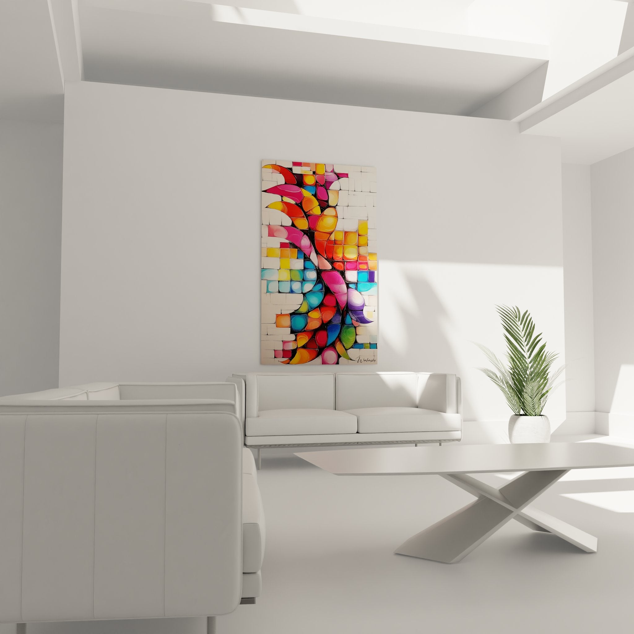 Détail tableau arbre stylisé - couleurs vives mosaïque art abstrait contemporain gros plan