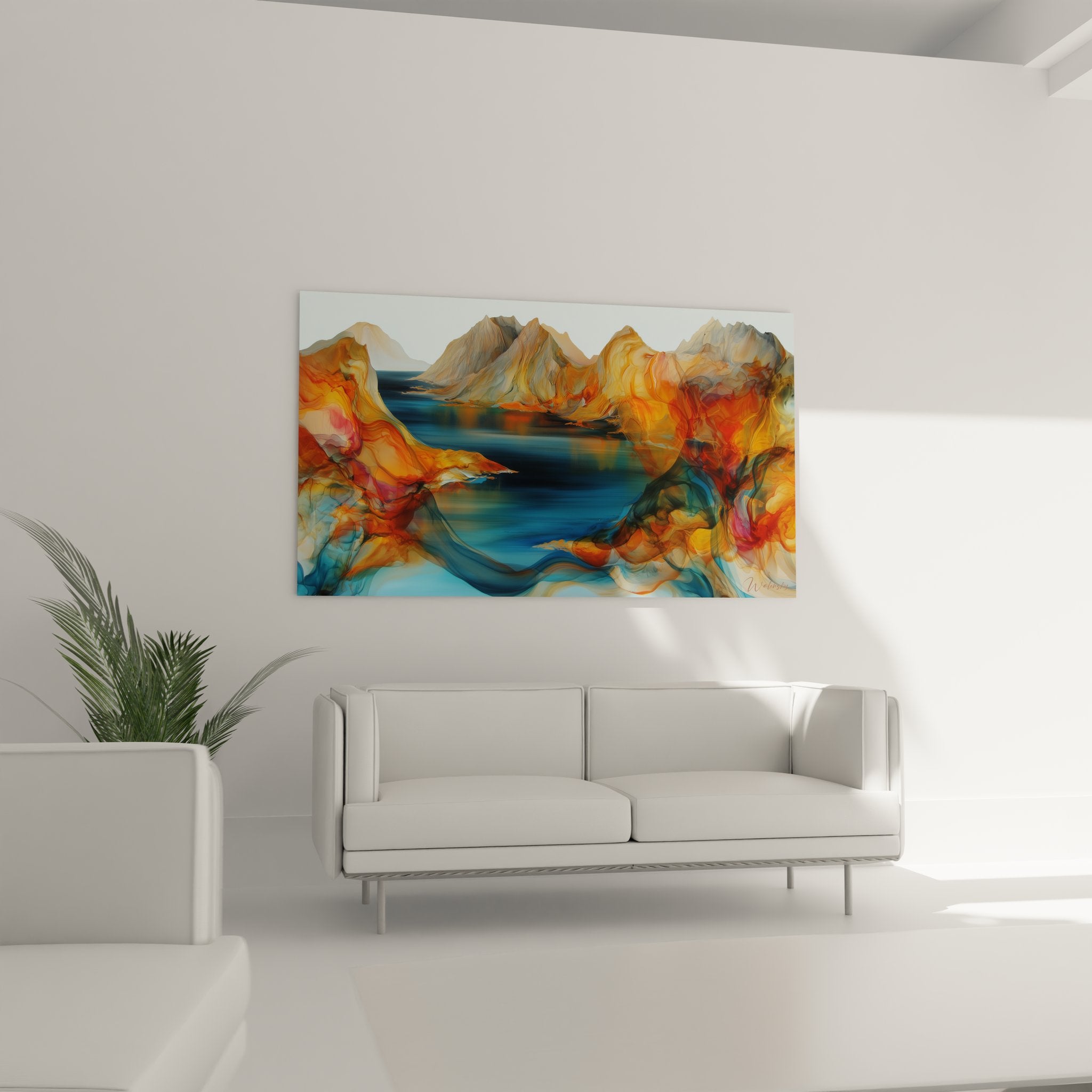 Détail gros plan tableau archipel textures fluides couleurs chaudes montagnes style art moderne