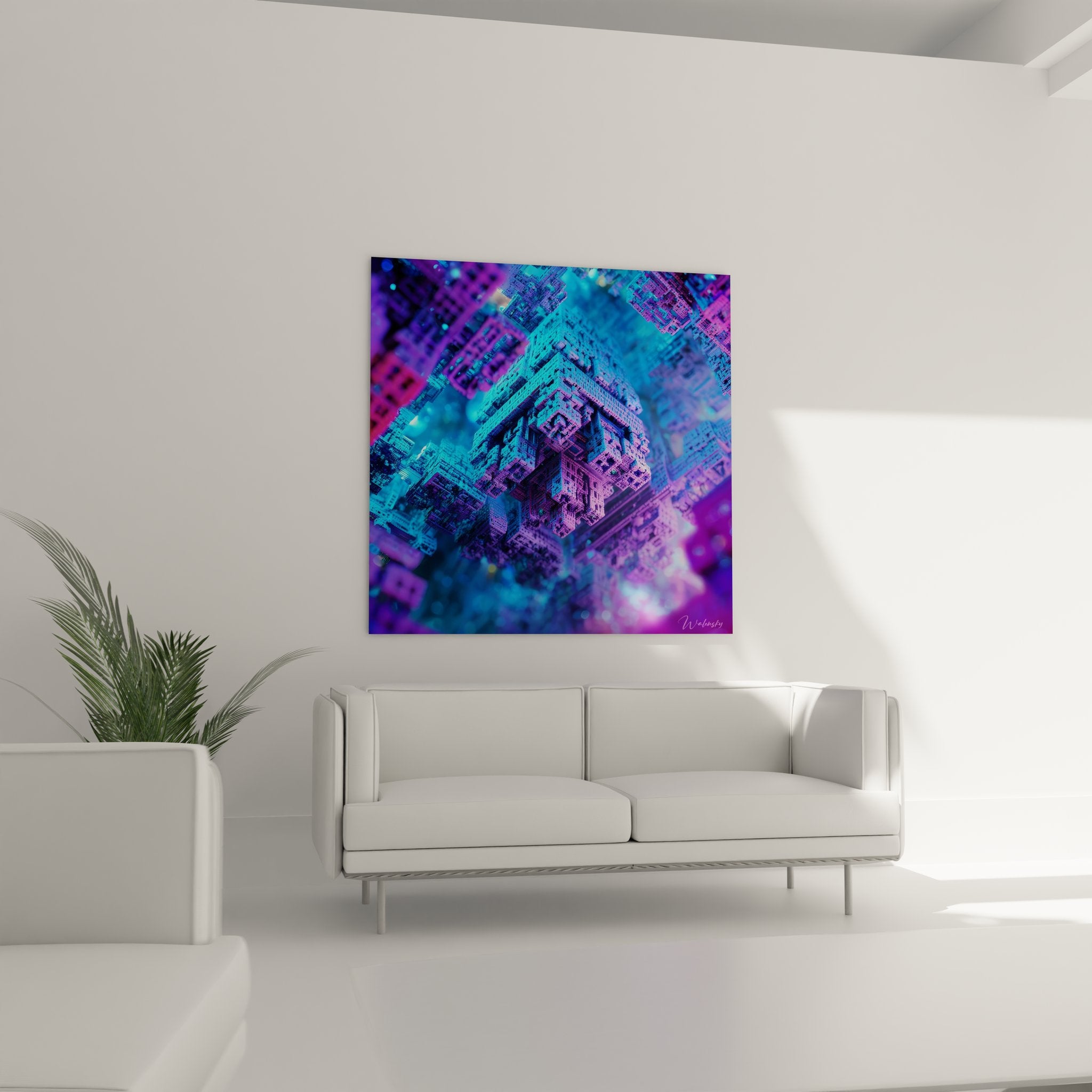 Détail rapproché tableau cité cybernétique structures pixellisées art futurisme abstrait