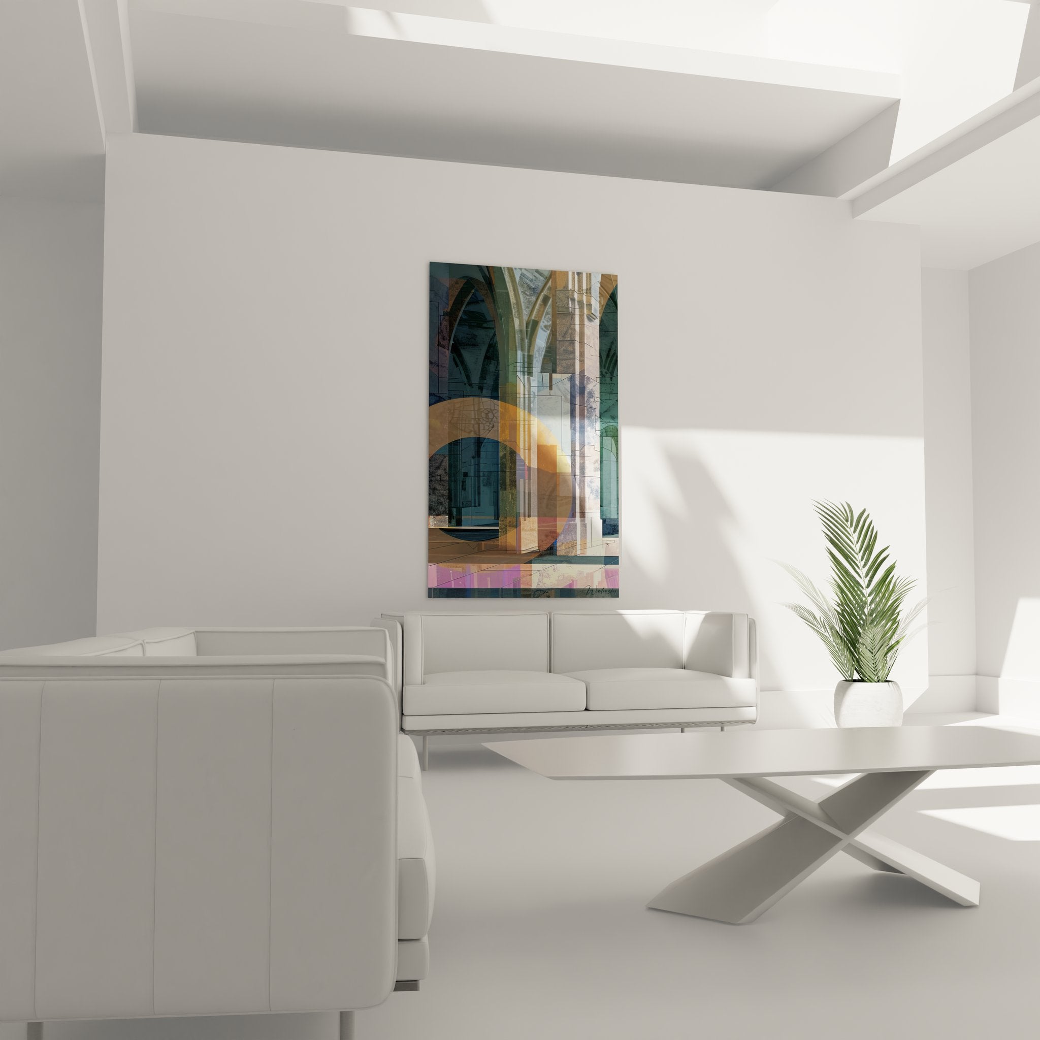 Détail gros plan tableau architecture moderne montrant superposition formes géométriques et textures urbaines