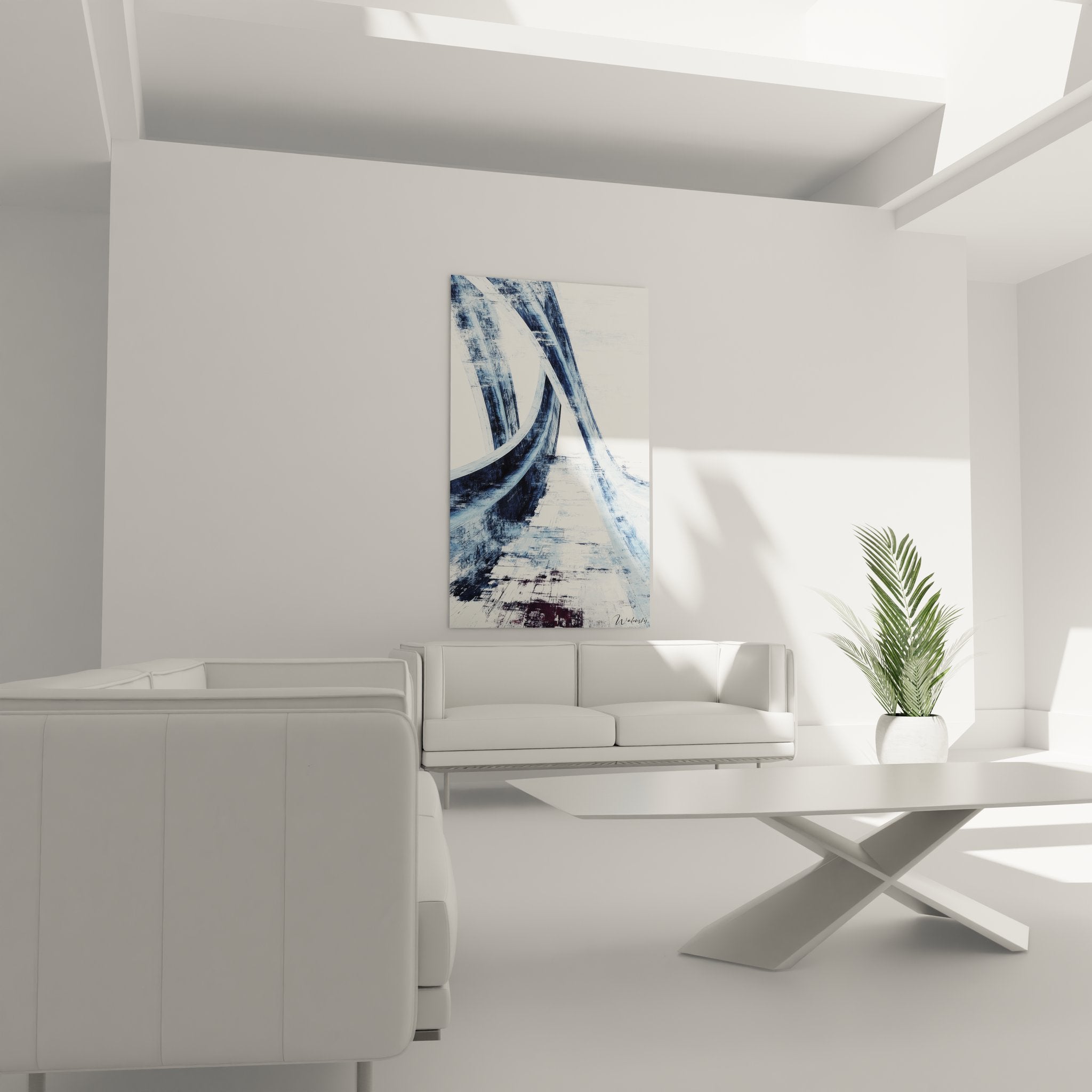 Détail tableau architecture moderne montrant textures et nuances bleues structures urbaines