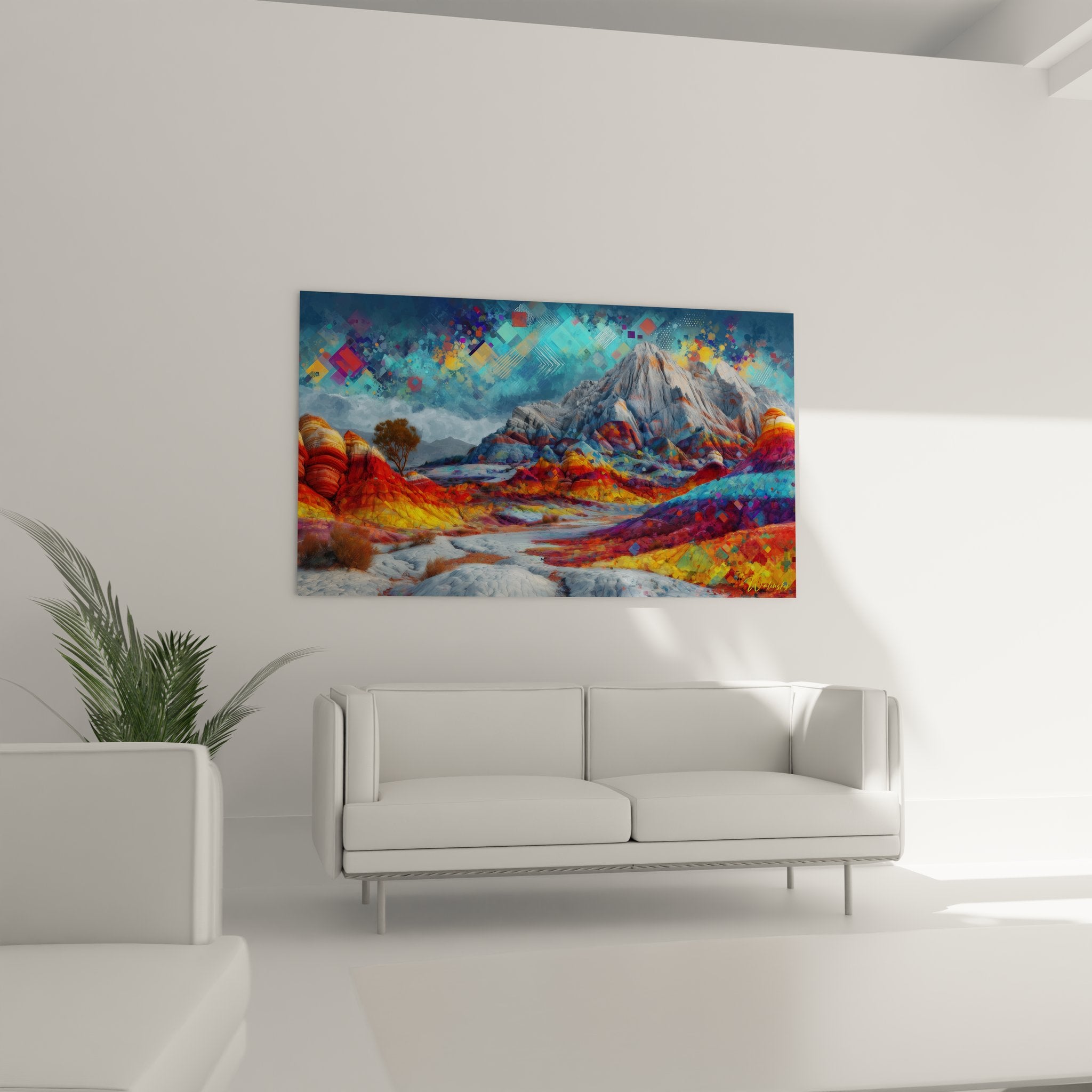 Détail gros plan tableau art numérique montagne avec formes géométriques colorées et textures rocheuses