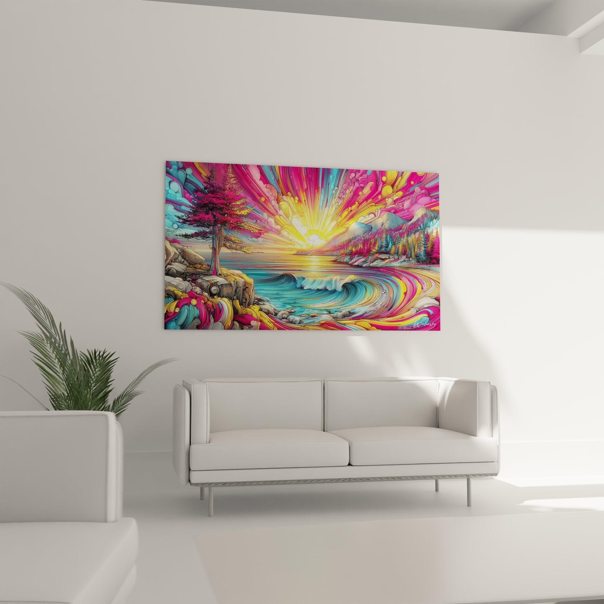 Détail tableau art psychédélique montrant texture et nuances de couleurs vives du coucher de soleil