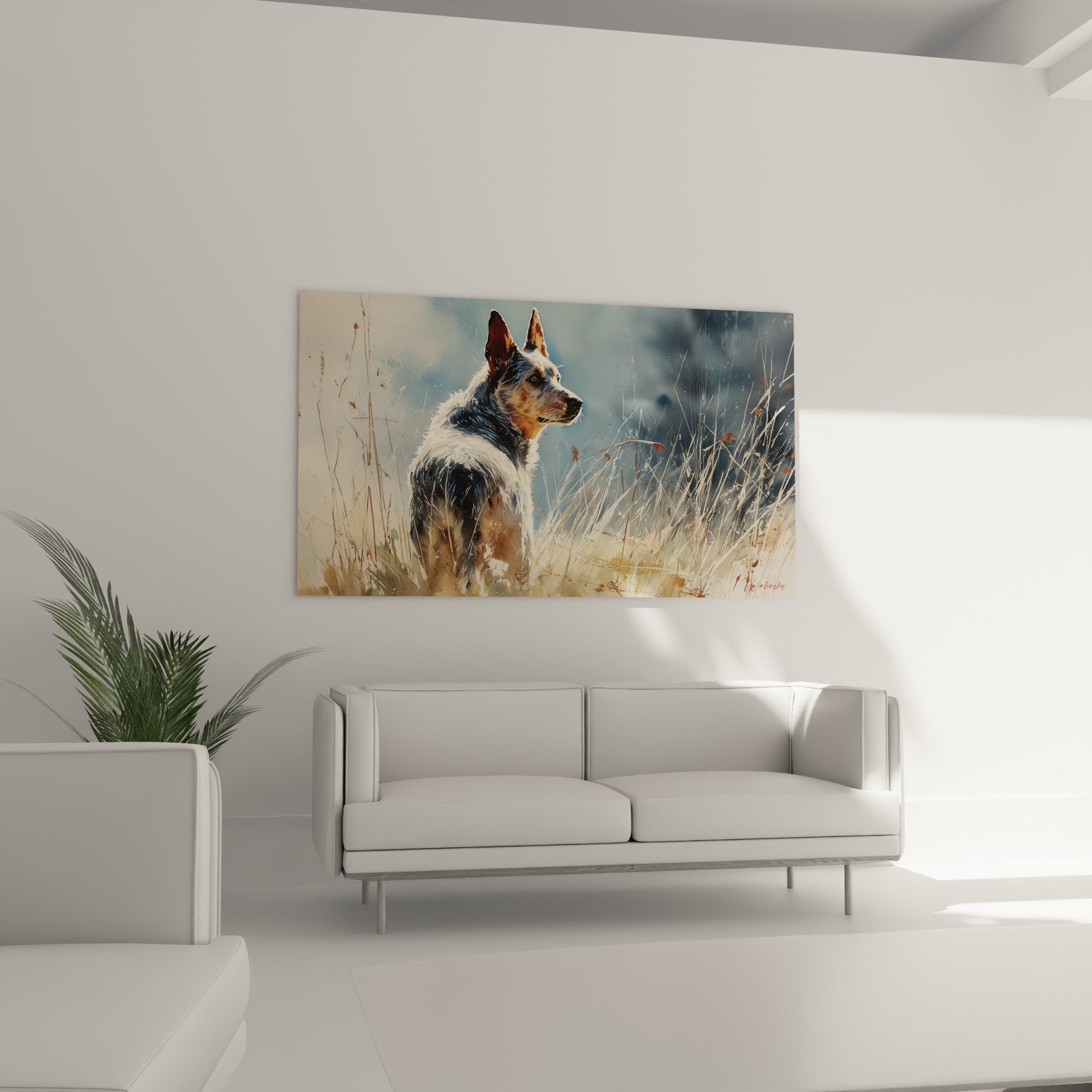 Gros plan tableau australian cattle dog pelage tricolore noir blanc fauve regard attentif technique realiste