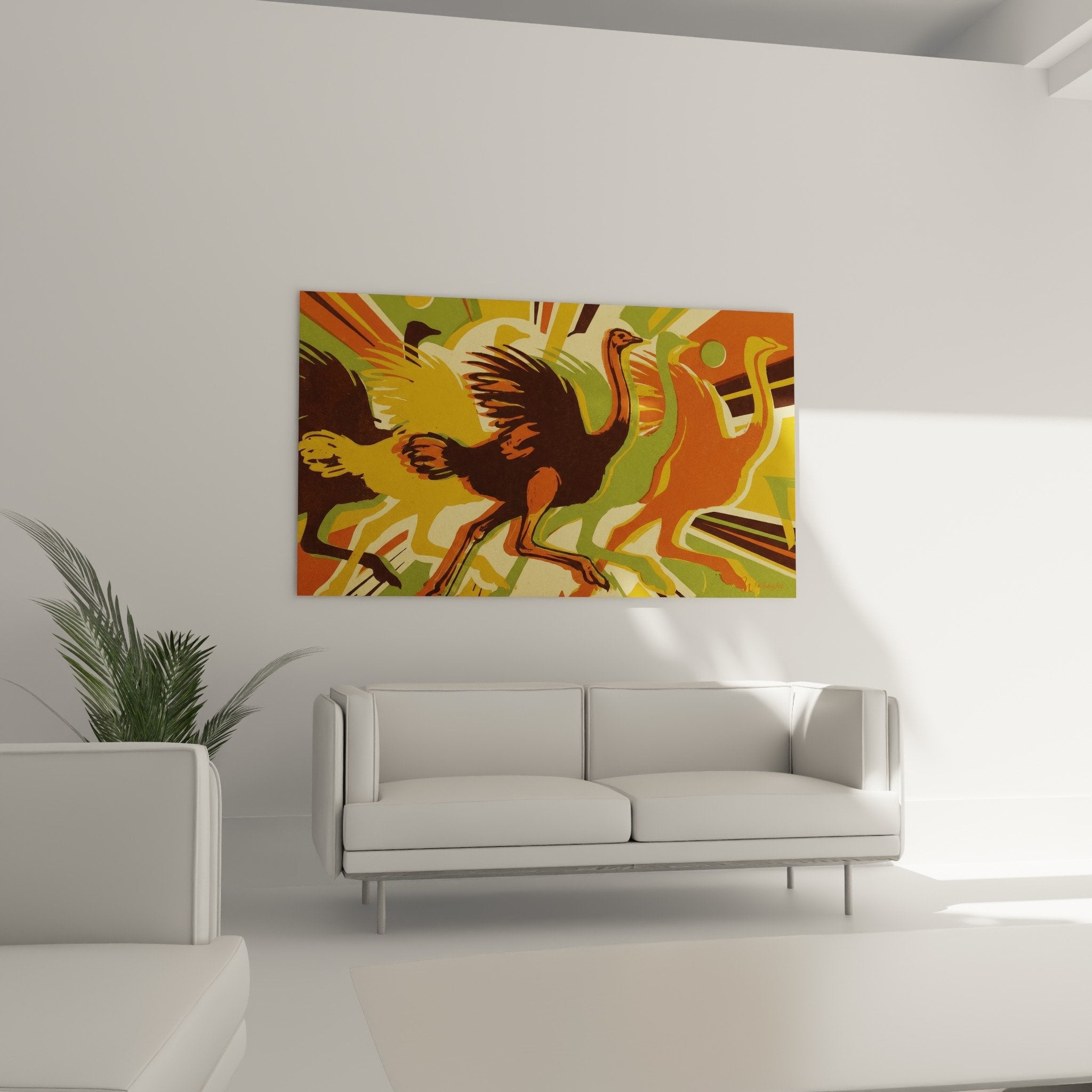 Détail tableau autruche plumes dorées formes géométriques abstraites tons orange vert texture artistique