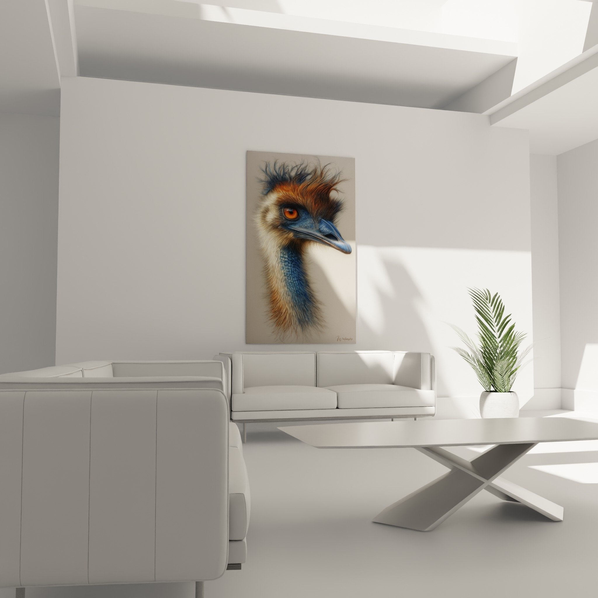 detail tableau autruche plumes texture realiste oeil orange vif bec bleu gris art animalier