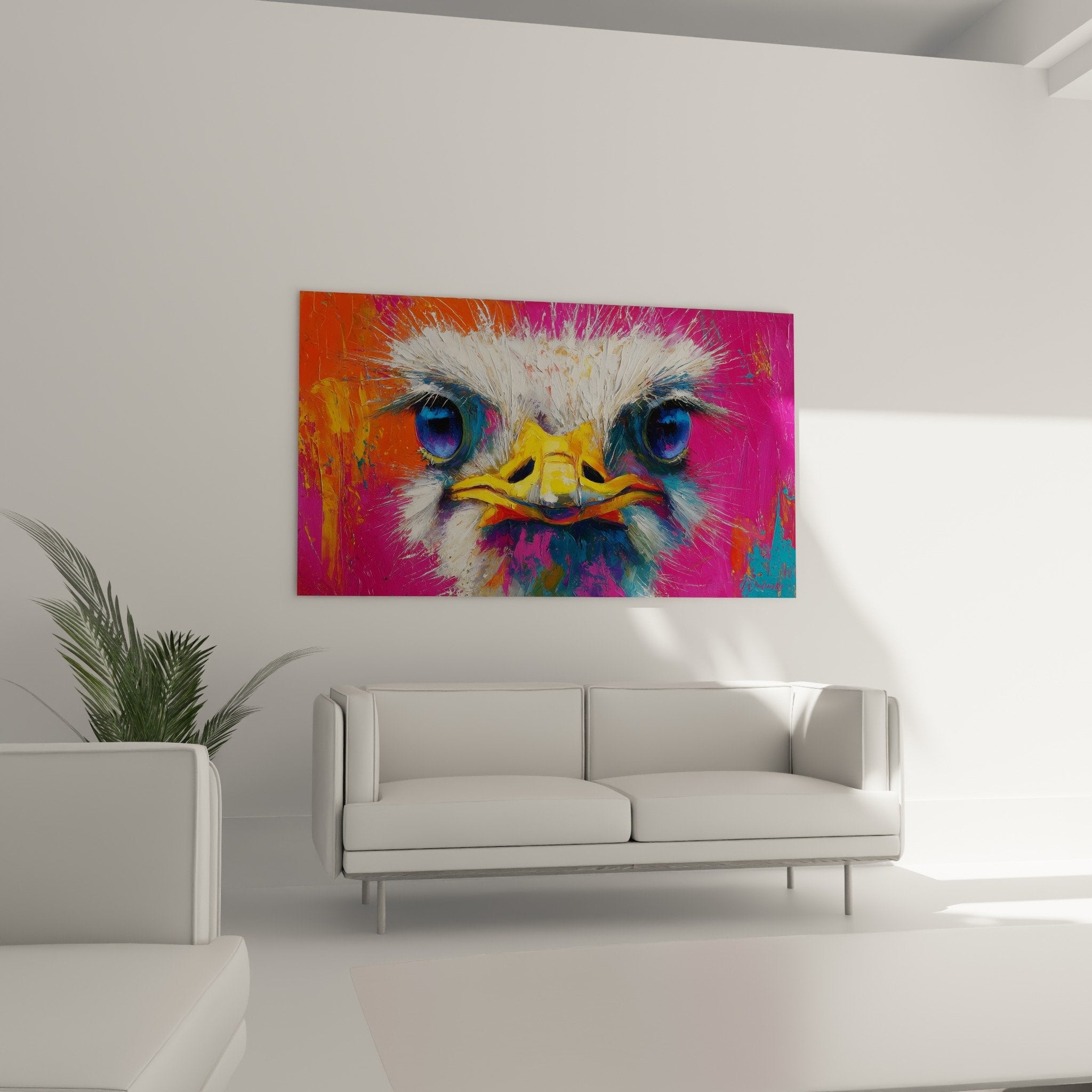 Détail rapproché du tableau autruche montrant les yeux bleus éclatants et le bec jaune doré