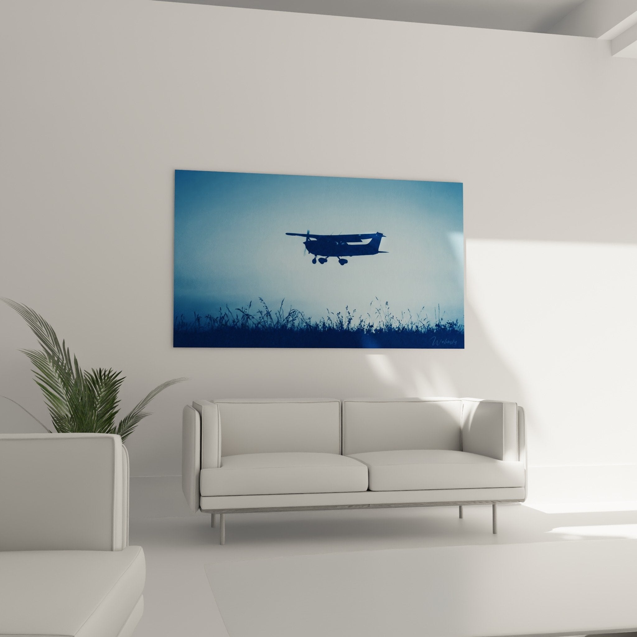 detail tableau avion parachutage bleu monochrome silhouette aviation texture toile art mural