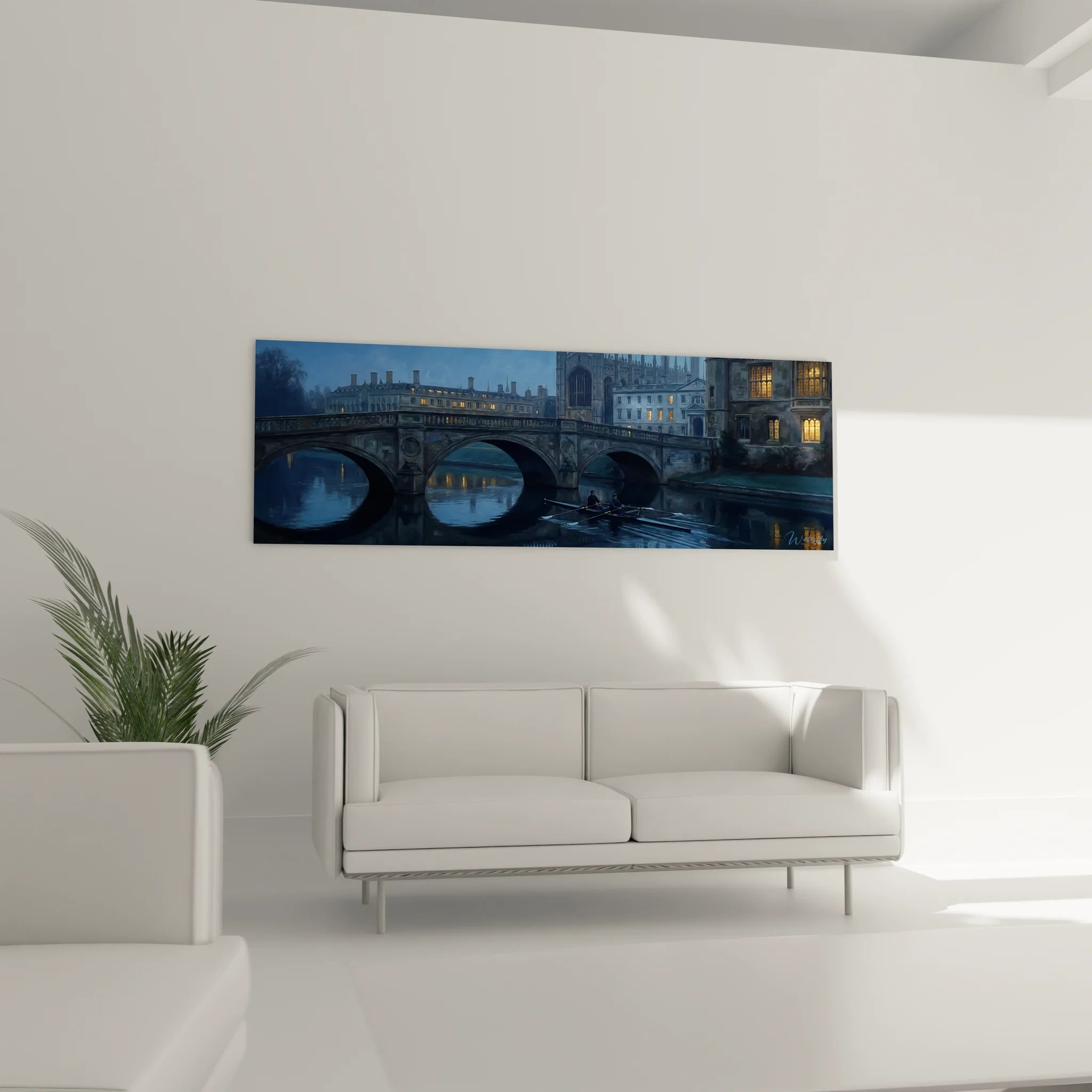 Détail tableau aviron Cambridge montrant reflets dorés et silhouettes de rameuses sous pont de pierre