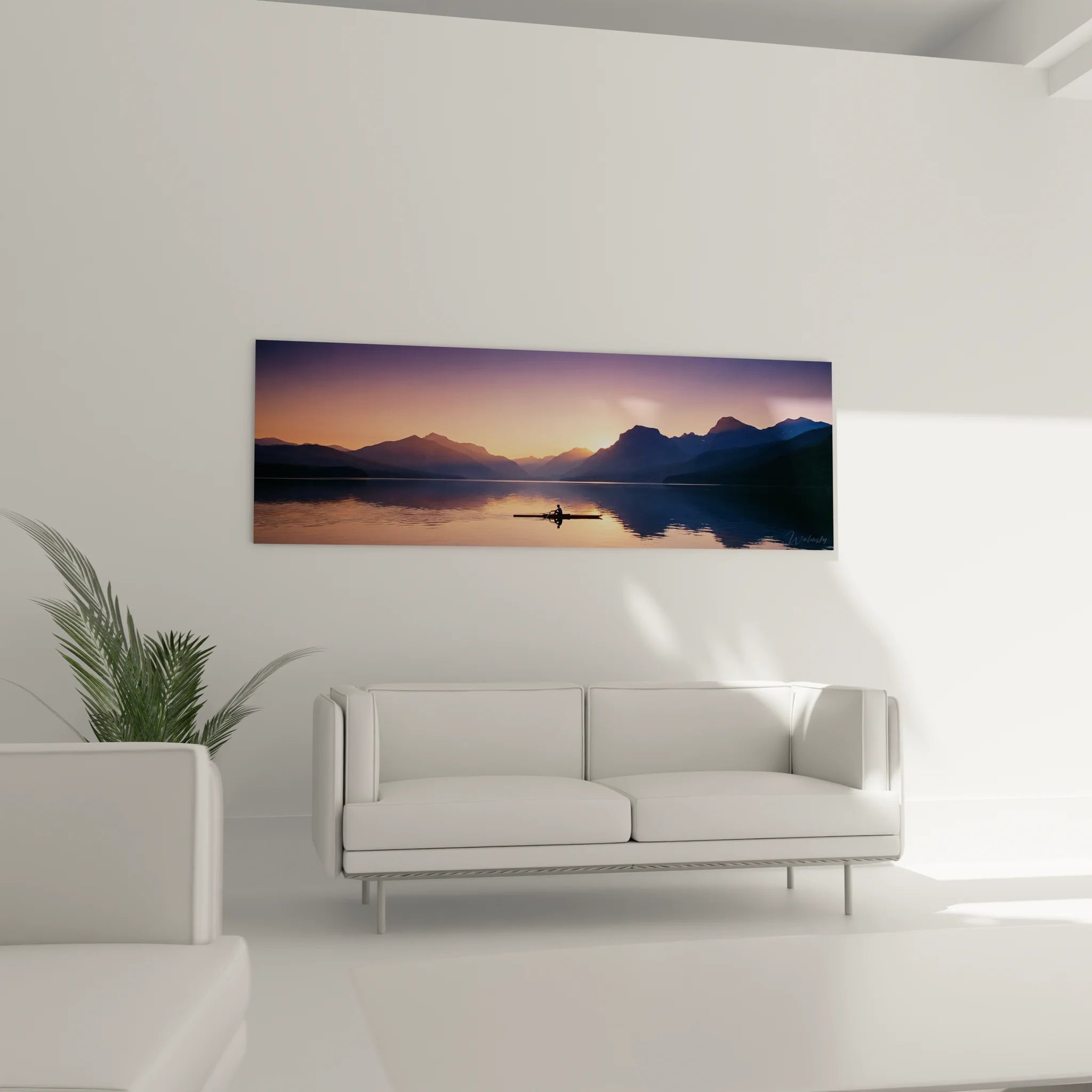 Détail tableau aviron rameur silhouette reflets dorés sur eau calme - art mural sport qualité premium