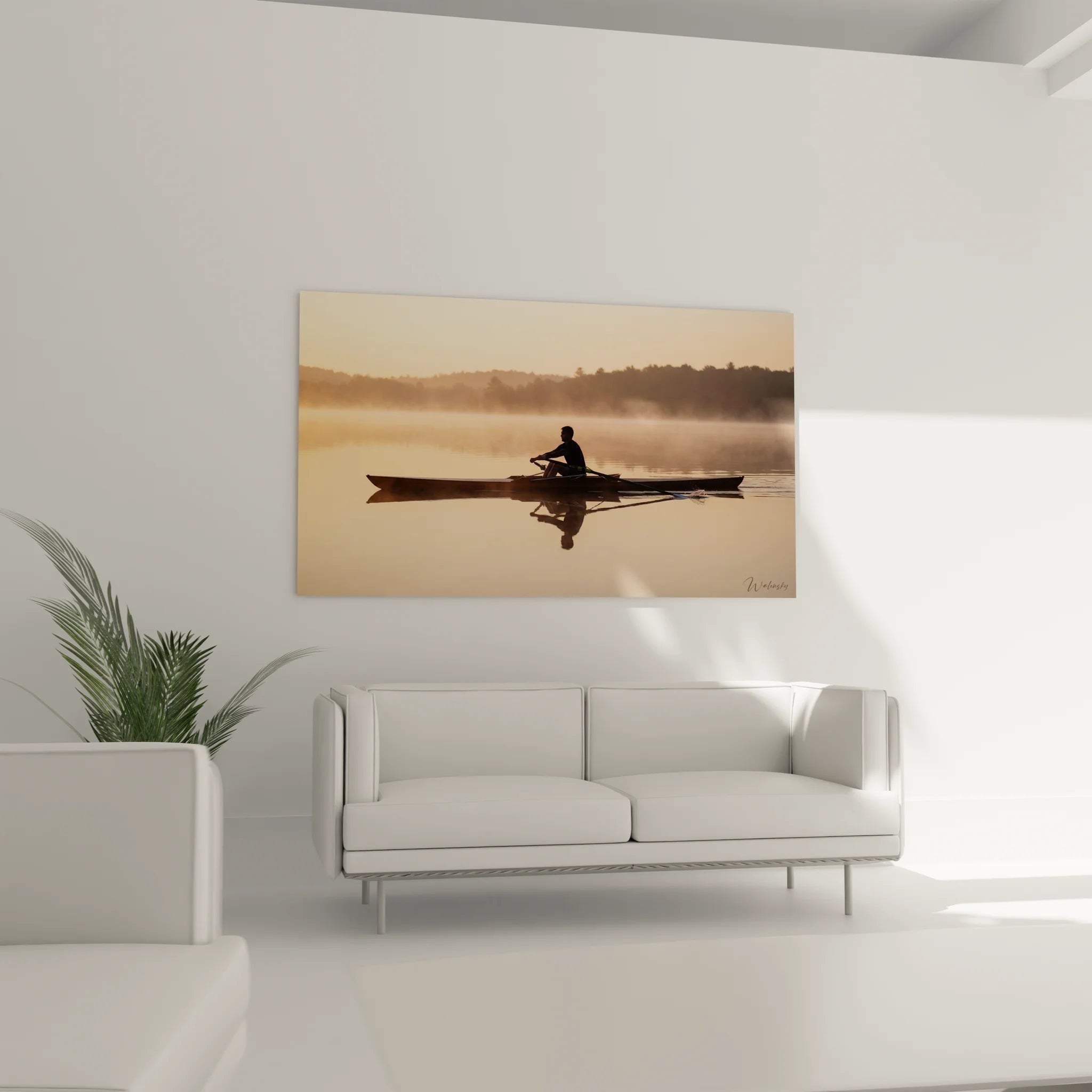 Détail tableau aviron - silhouette rameur et reflets dorés sur eau calme au lever jour