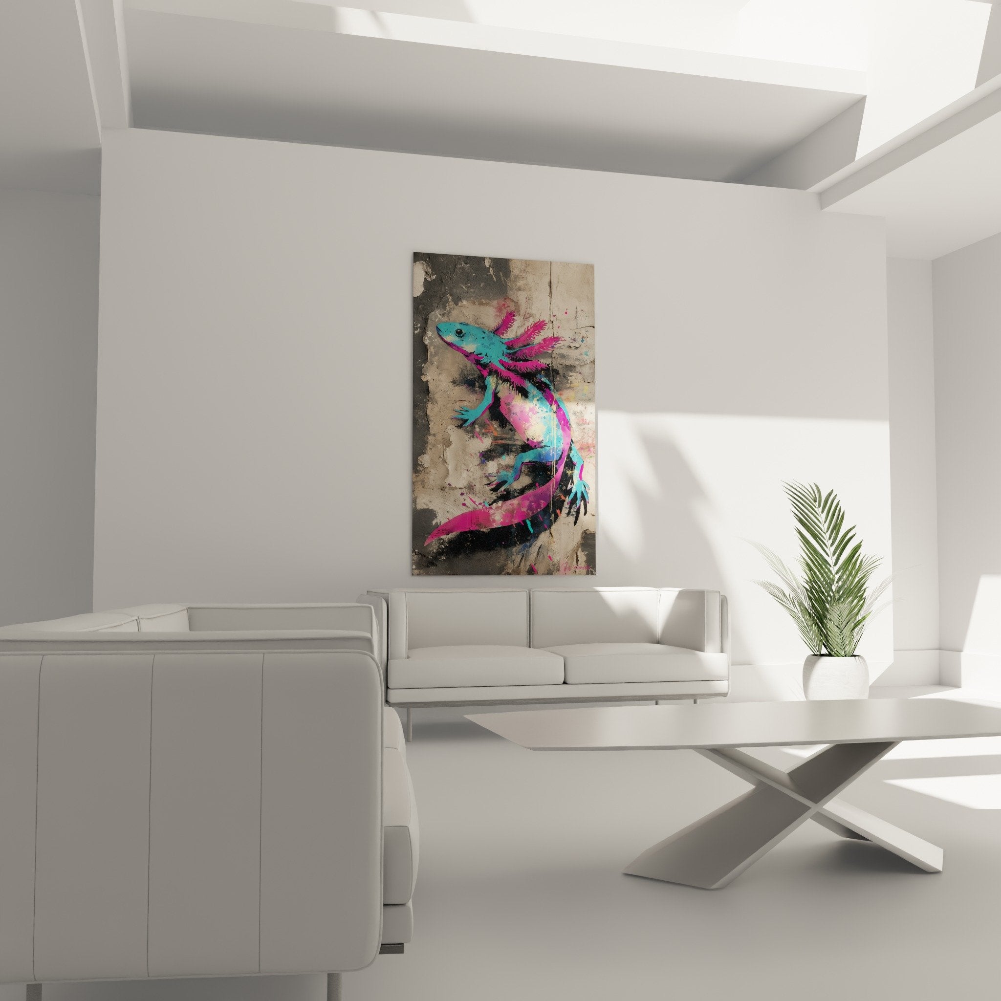 Détail rapproché tableau axolotl montrant texture urbaine et couleurs vives turquoise rose