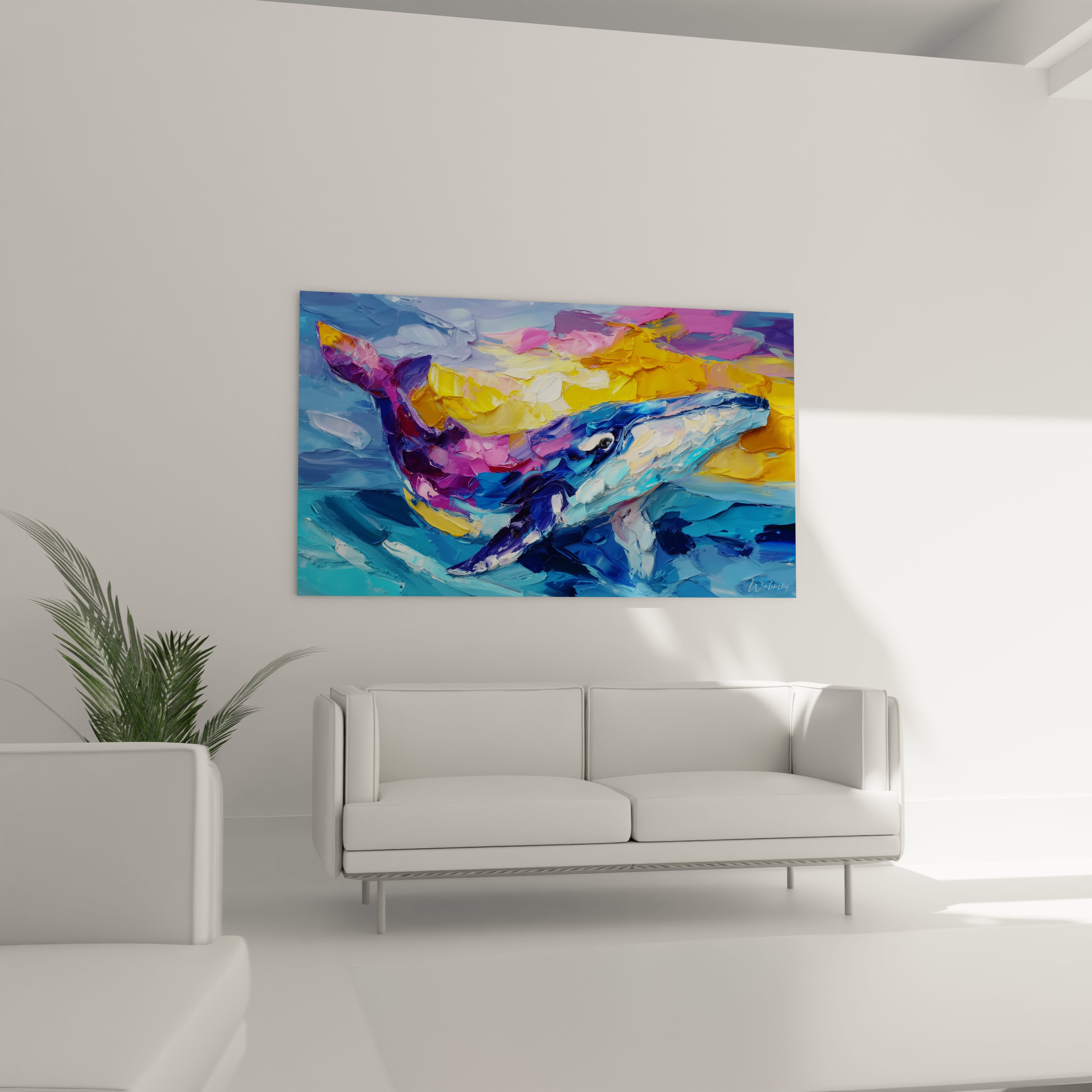 Détail gros plan tableau baleine colorée, peinture cétacé aux nuances bleues et violettes éclatantes