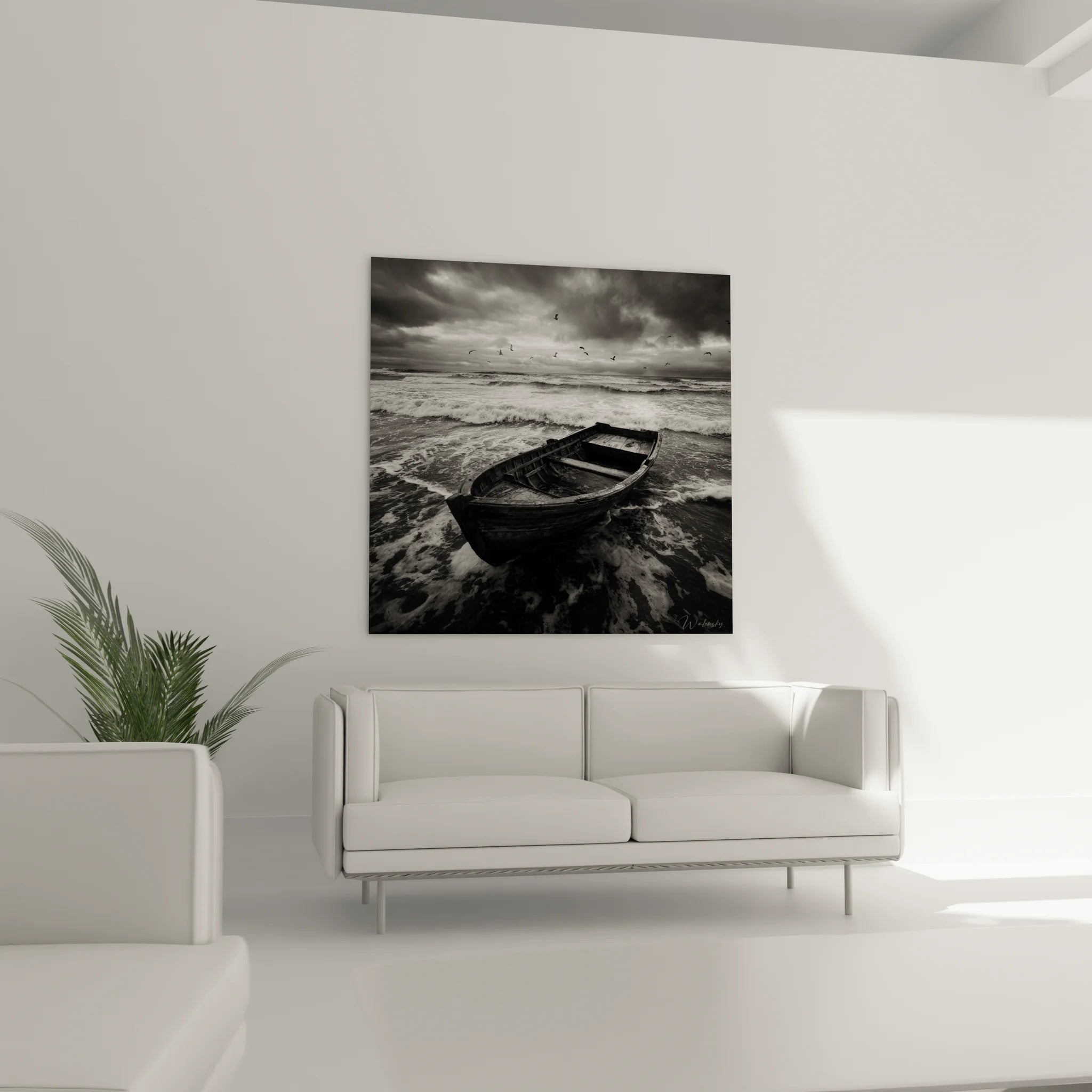 Détail tableau barque bois vieilli échouée sable noir et blanc art mural décoratif