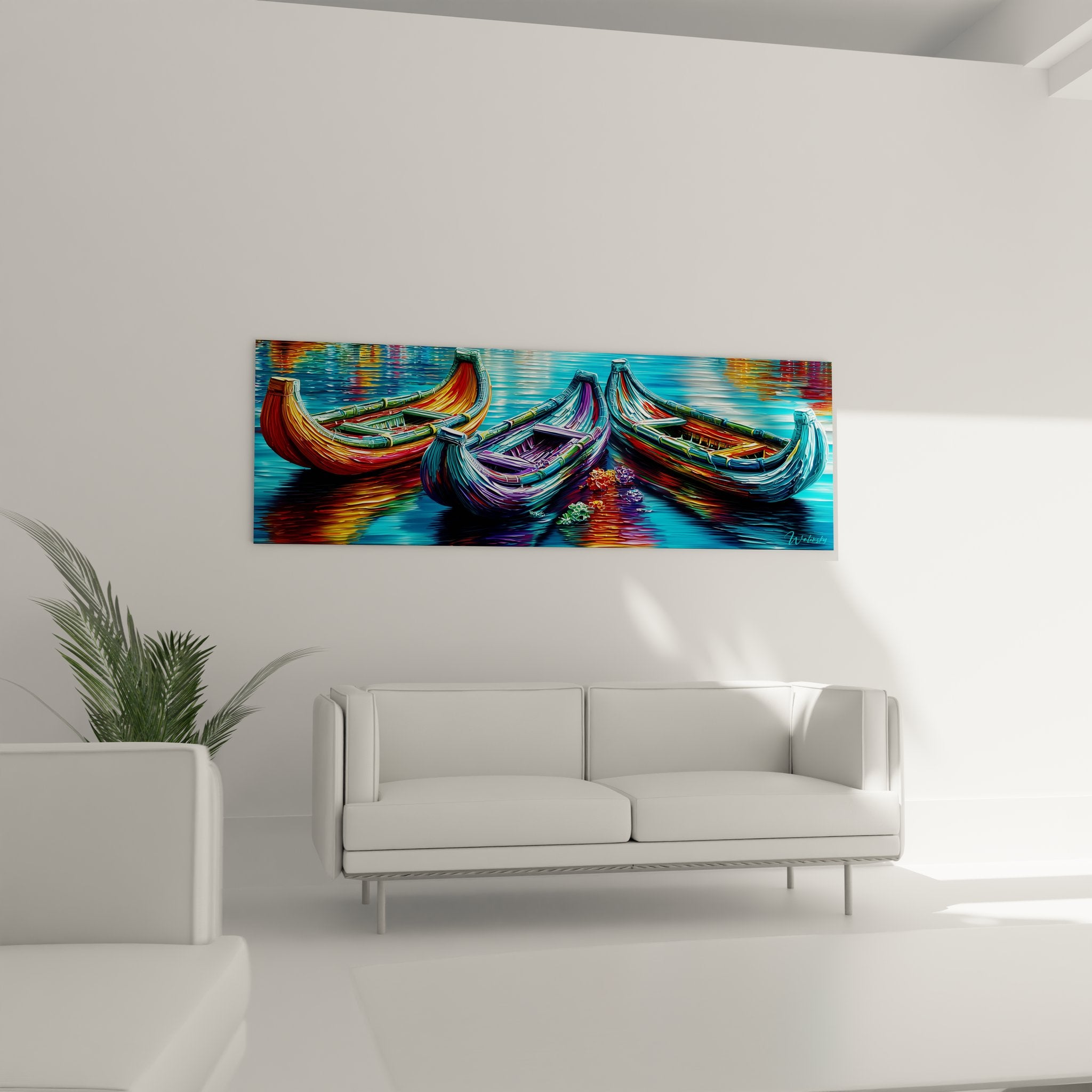 Gros plan détail tableau barques colorées, technique picturale reflets eau et embarcations traditionnelles