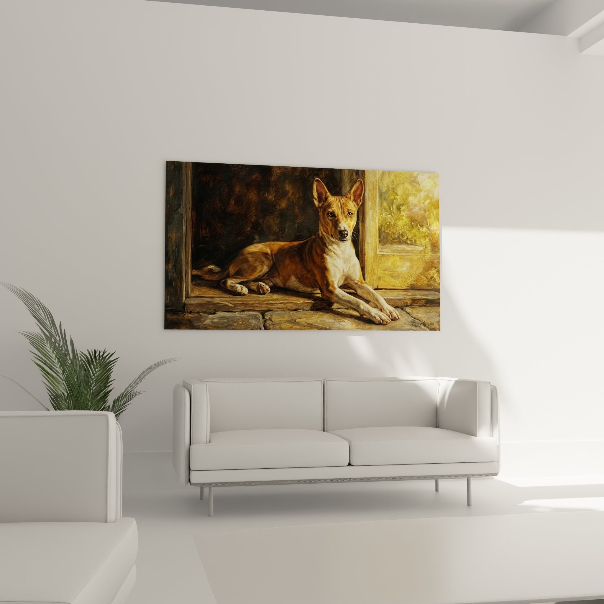 Détail tableau Basenji portrait chien fauve yeux expressifs pelage ocre technique picturale