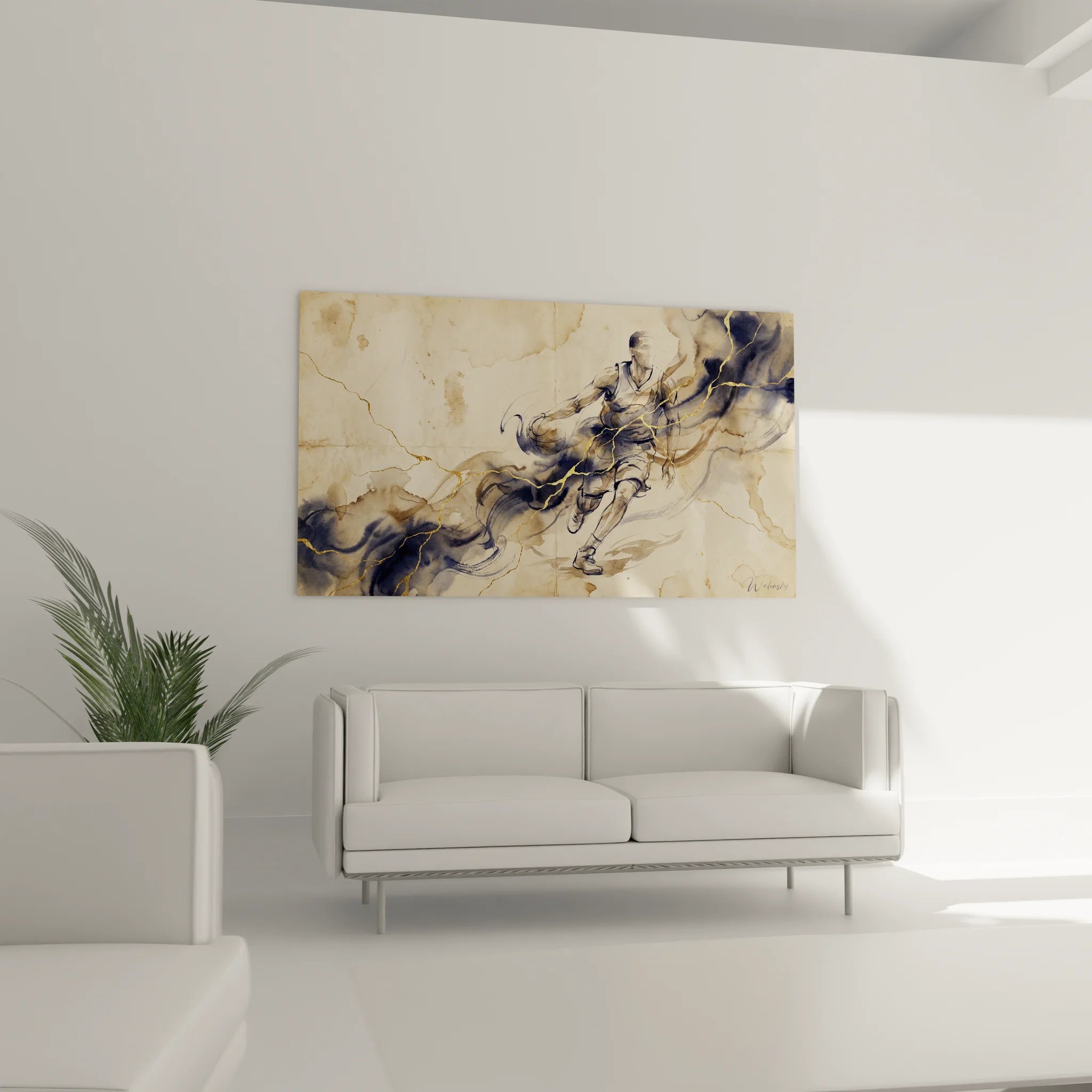 Détail tableau basketball montrant textures dorées et technique aquarelle du joueur