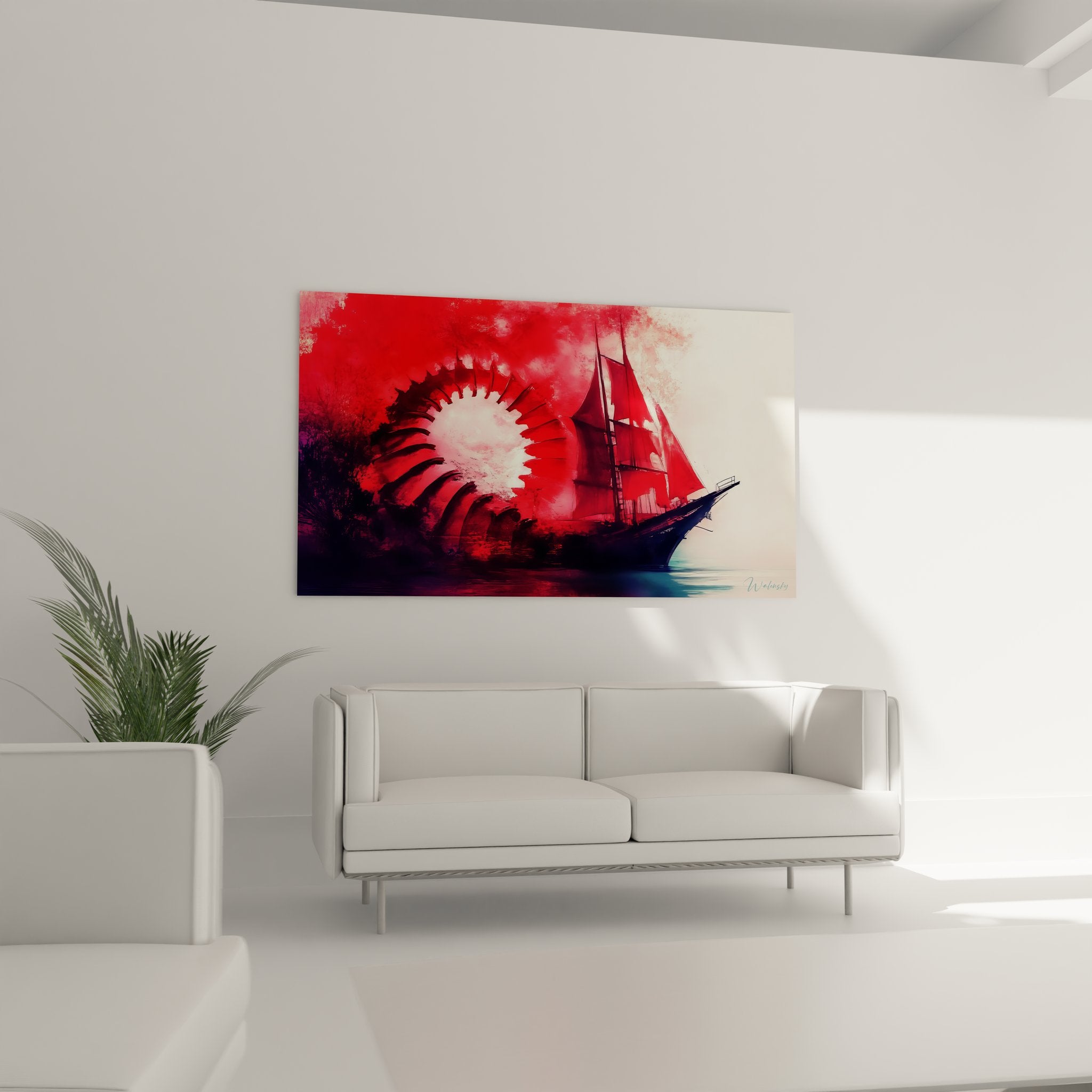 Détail tableau voilier rouge spirale abstraite, technique picturale maritime contemporaine visible