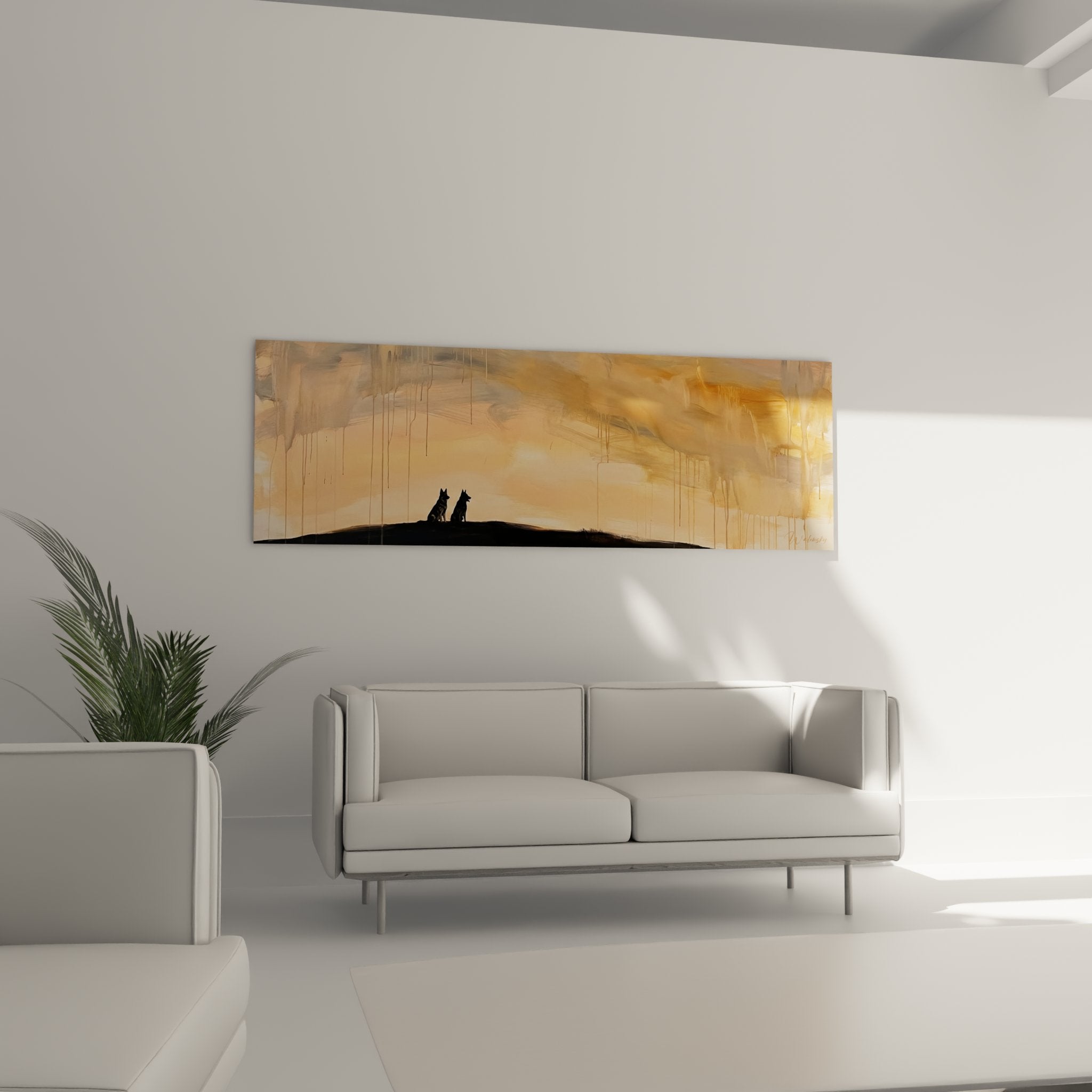 Detail deutsches Hirten-Gemälde vertikale Farbläufe orange-goldene Töne zeitgenössische Maltechnik Textur