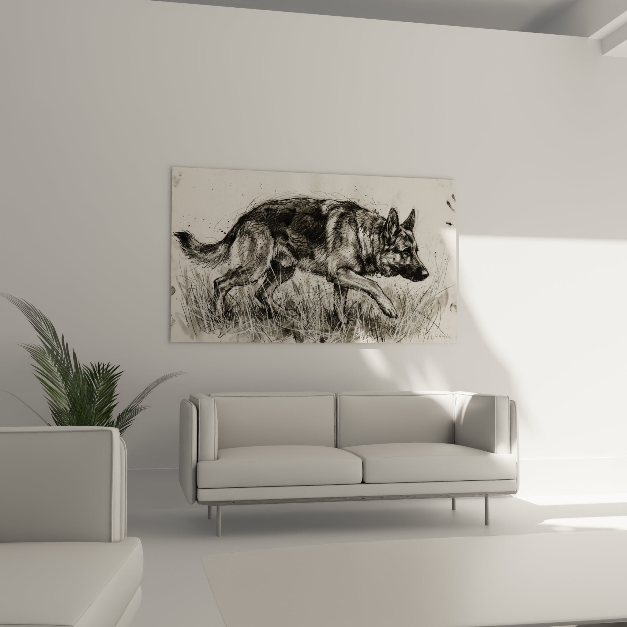 dettaglio quadro pastore tedesco schizzo tratti inchiostro tecnica artistica ritratto cane