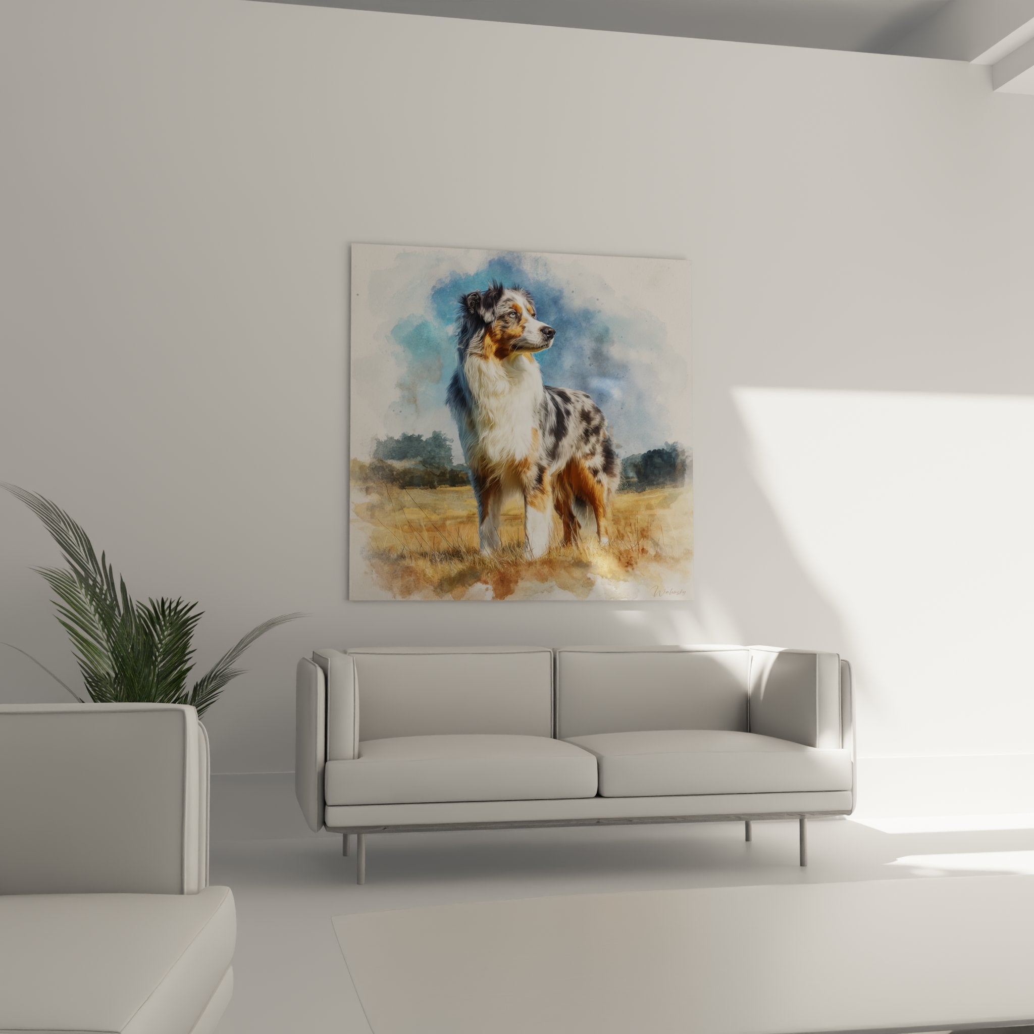 detailansicht gemälde australian shepherd aquarell dreifarbiges fell künstlerische technik hundemalerei