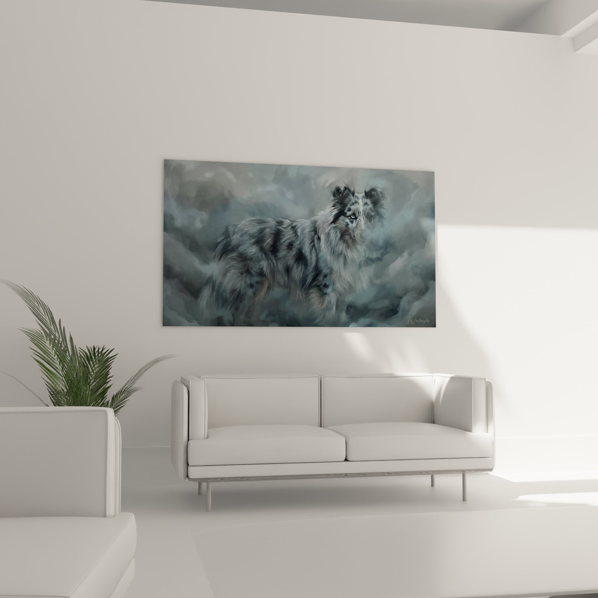 Détail rapproché tableau Berger des Shetland effet brumeux nuances bleu gris technique artistique vaporeuse