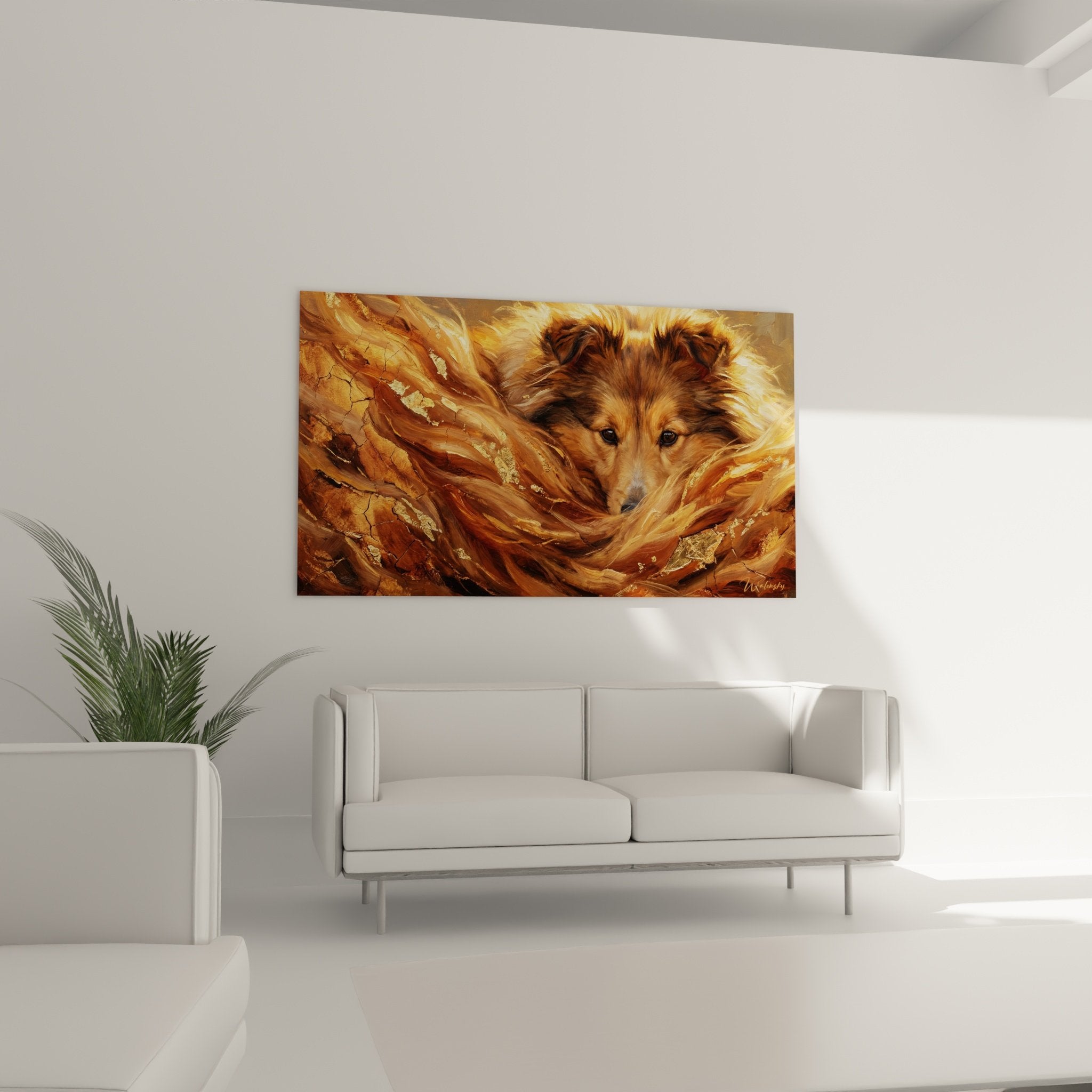 Détail rapproché tableau Berger des Shetland montrant textures dorées et reflets métalliques