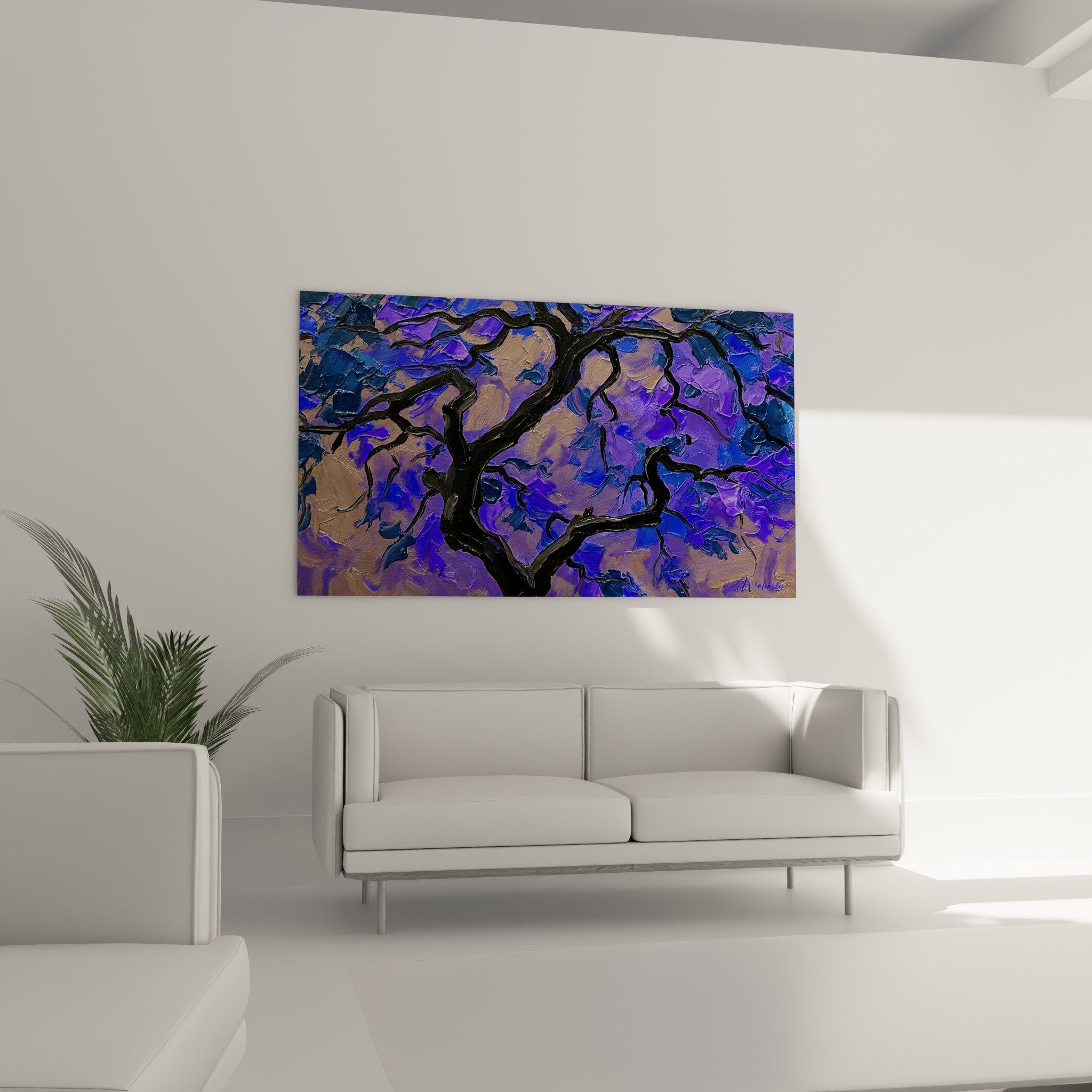 Détail rapproché du tableau bonsaï montrant la texture des branches noires et les nuances violettes du fond