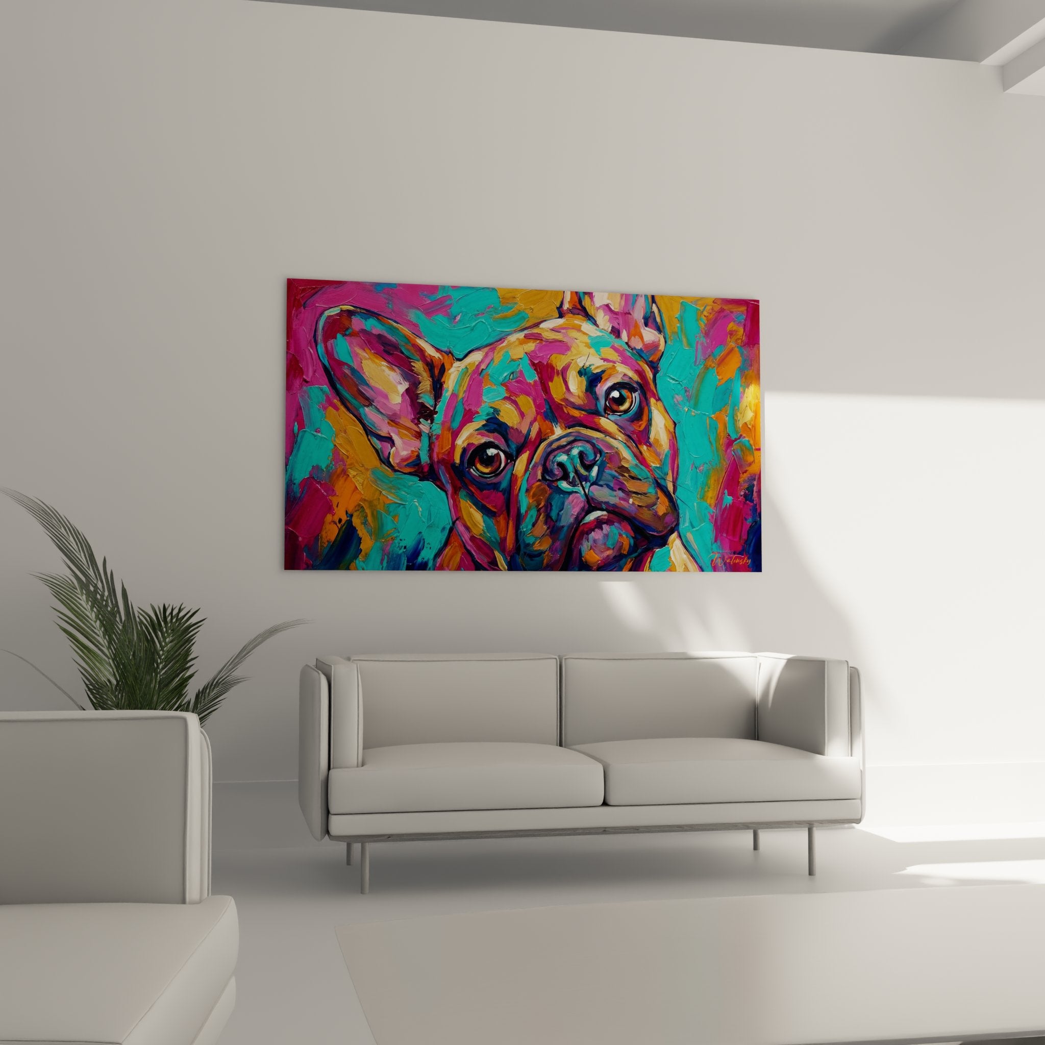 detail gemälde französische bulldogge expressionistische malerei sichtbare pinselstriche leuchtende farben