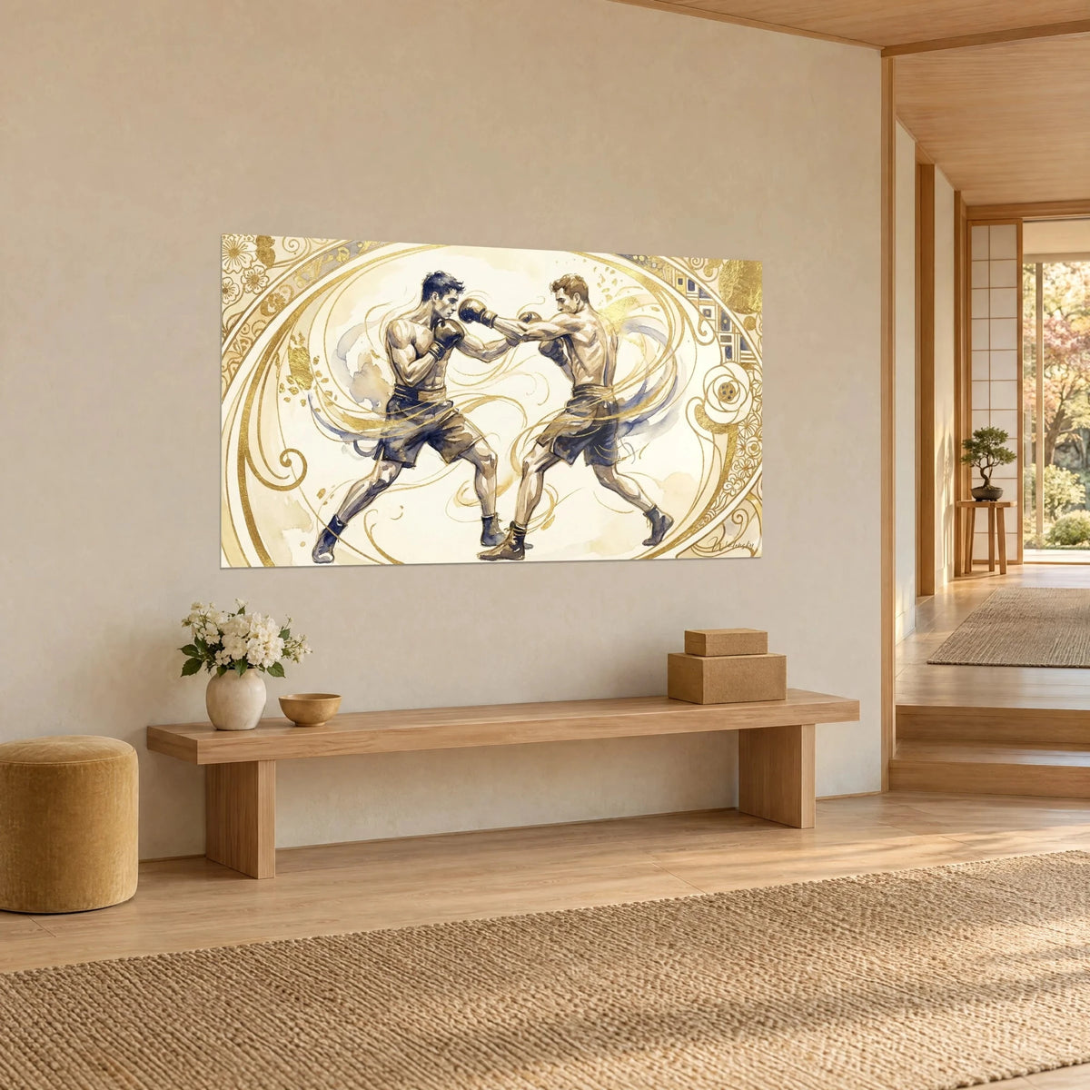 Quadro di combattimento di boxe Art Nouveau, guantoni neri, pantaloncini indaco e filigrane d'oro a spirale, appeso accanto a una panca in legno chiaro